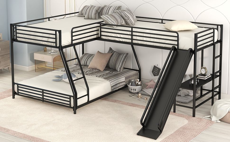 L-Shaped Twin over Full Bunk Bed with Twin Size Loft Bed; Built-in Desk and Slide