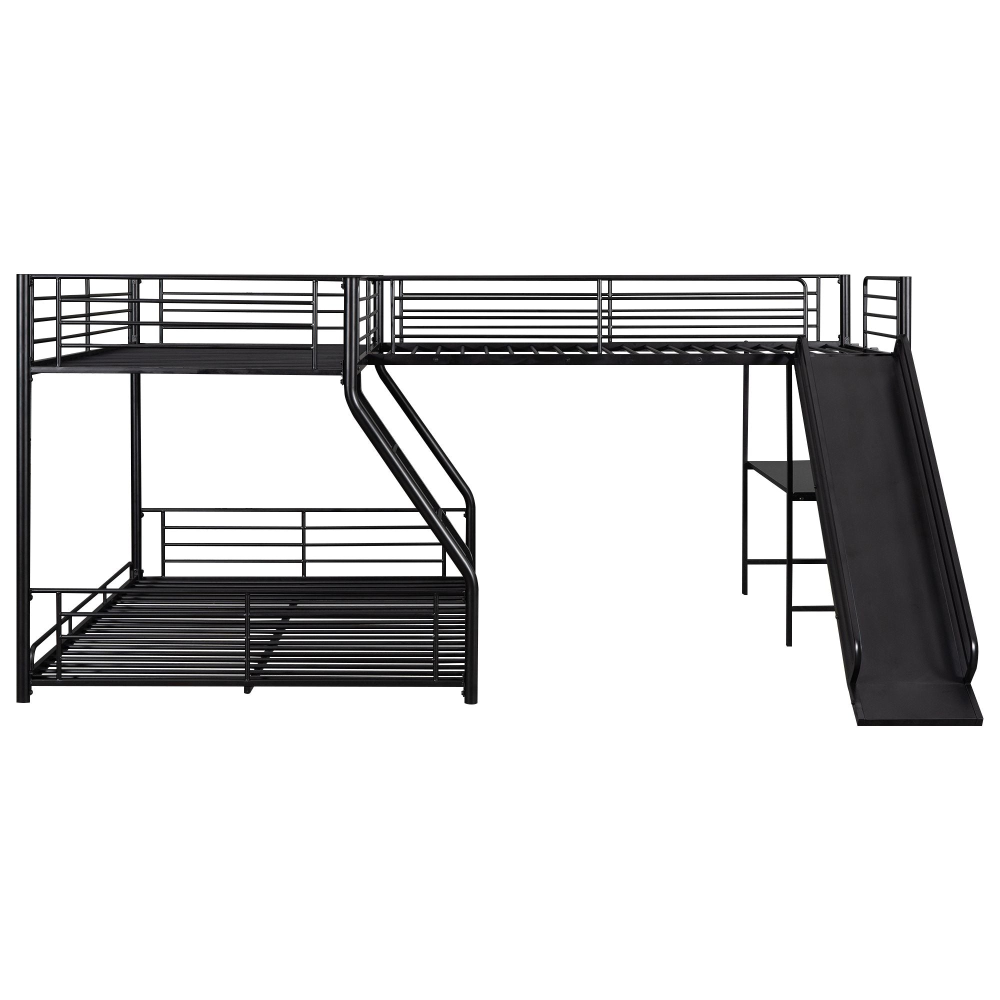 L-Shaped Twin over Full Bunk Bed with Twin Size Loft Bed; Built-in Desk and Slide