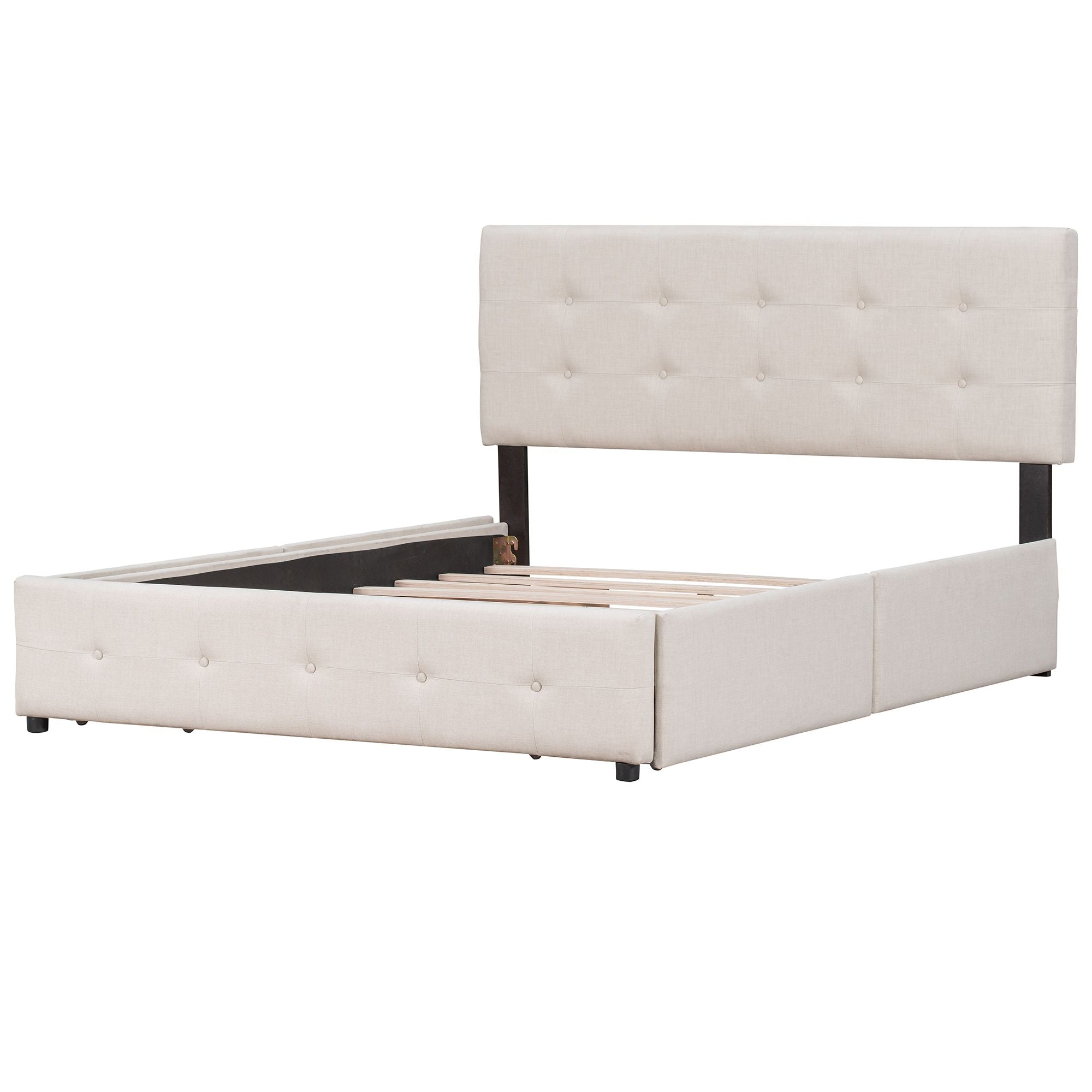 Upholstered Platform Bed with Classic Headboard and 4 Drawers;  No Box Spring Needed;  Linen Fabric;  Queen Size