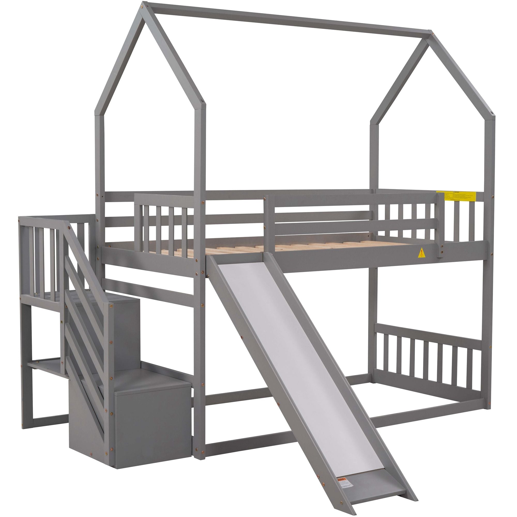 Twin over Twin House Bunk Bed with Convertible Slide; Storage Staircase