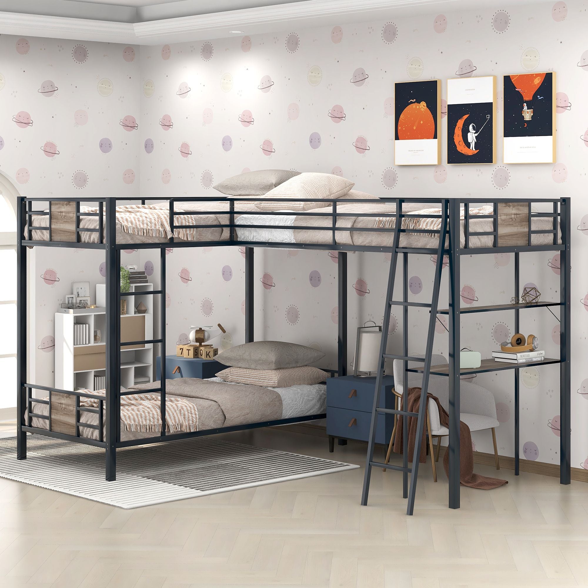 L-Shaped Twin over Twin Bunk Bed with Twin Size Loft Bed with Desk and Shelf