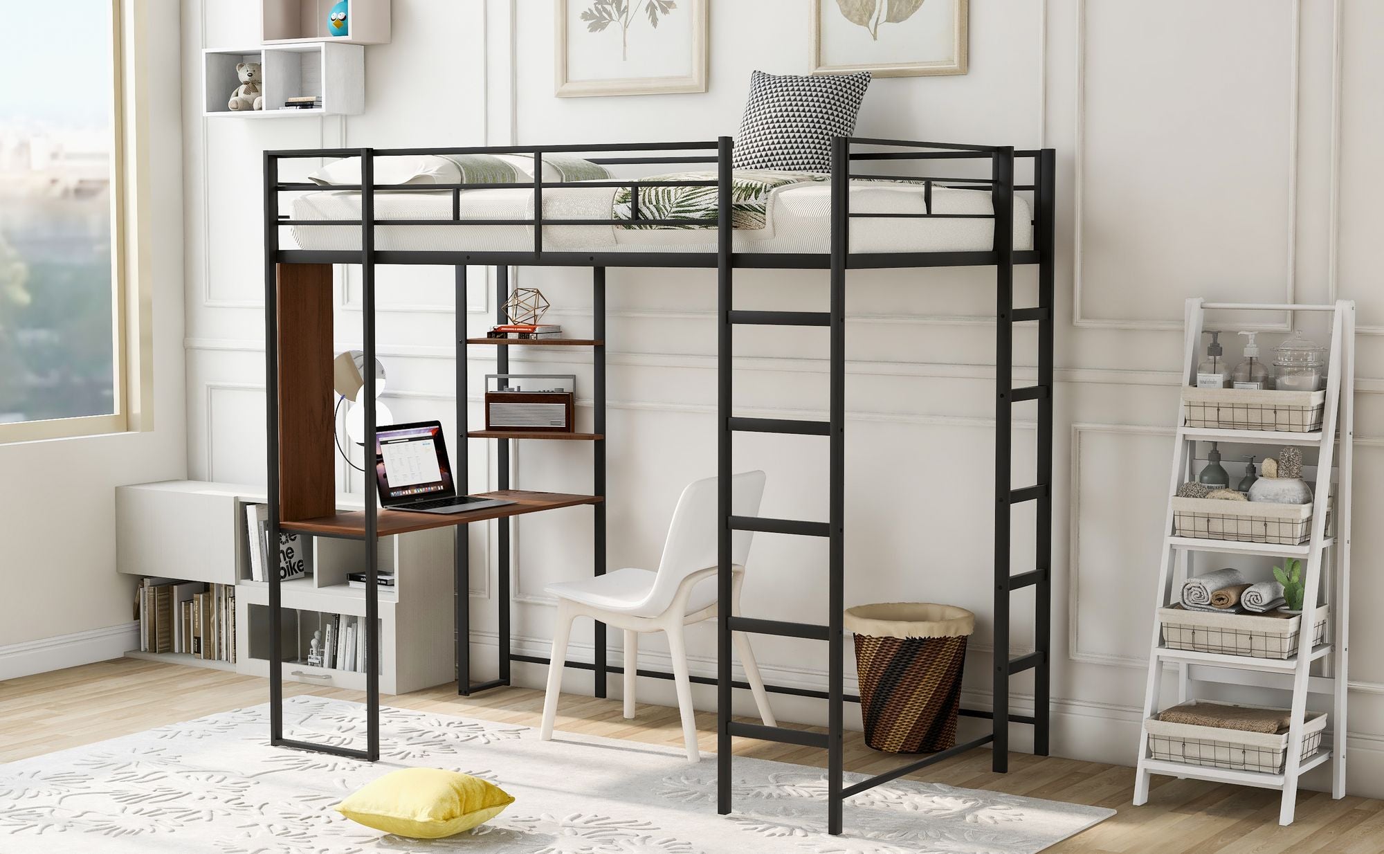 Twin Metal Loft Bed with 2 Shelves and one Desk