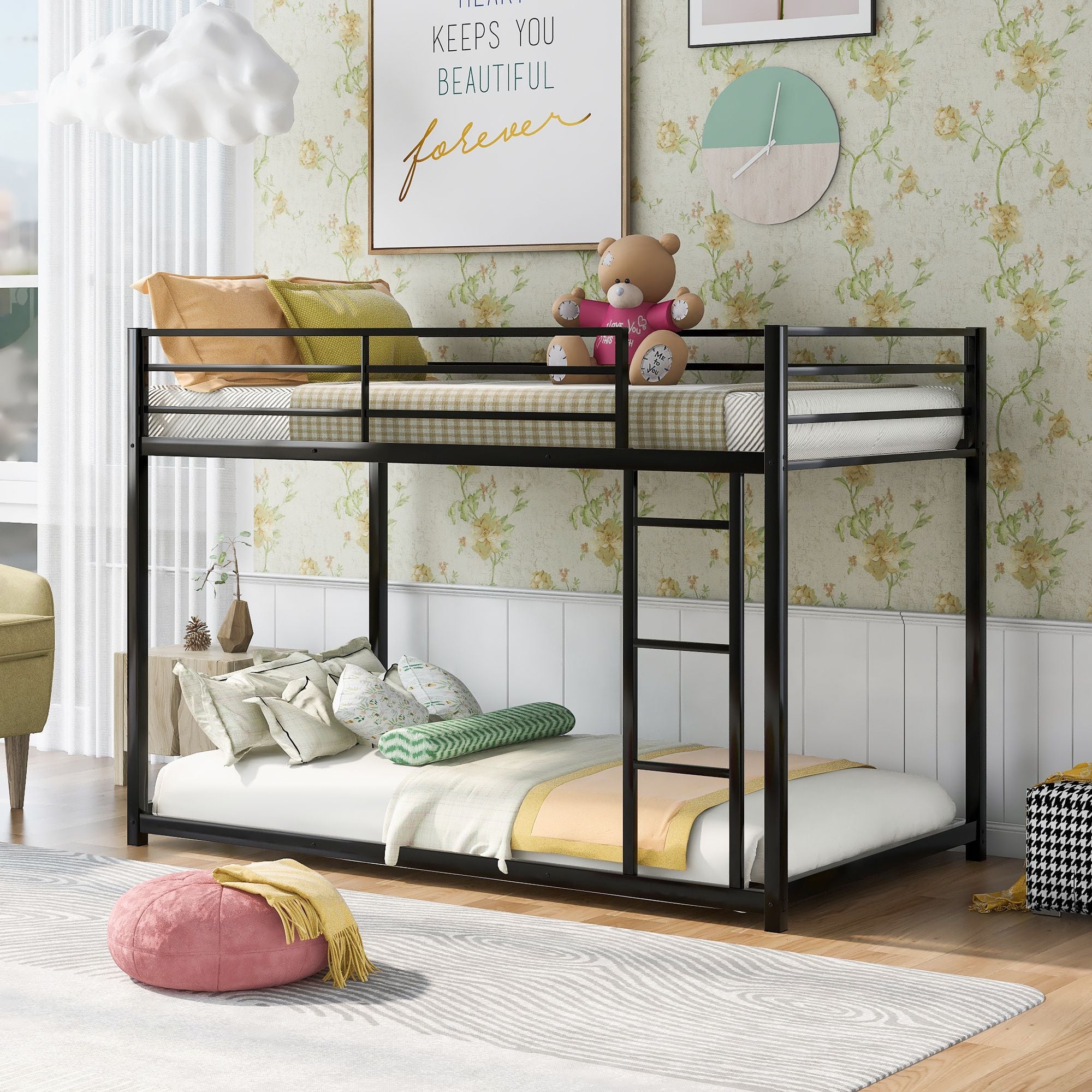 Twin over Twin Metal Bunk Bed;  Low Bunk Bed with Ladder