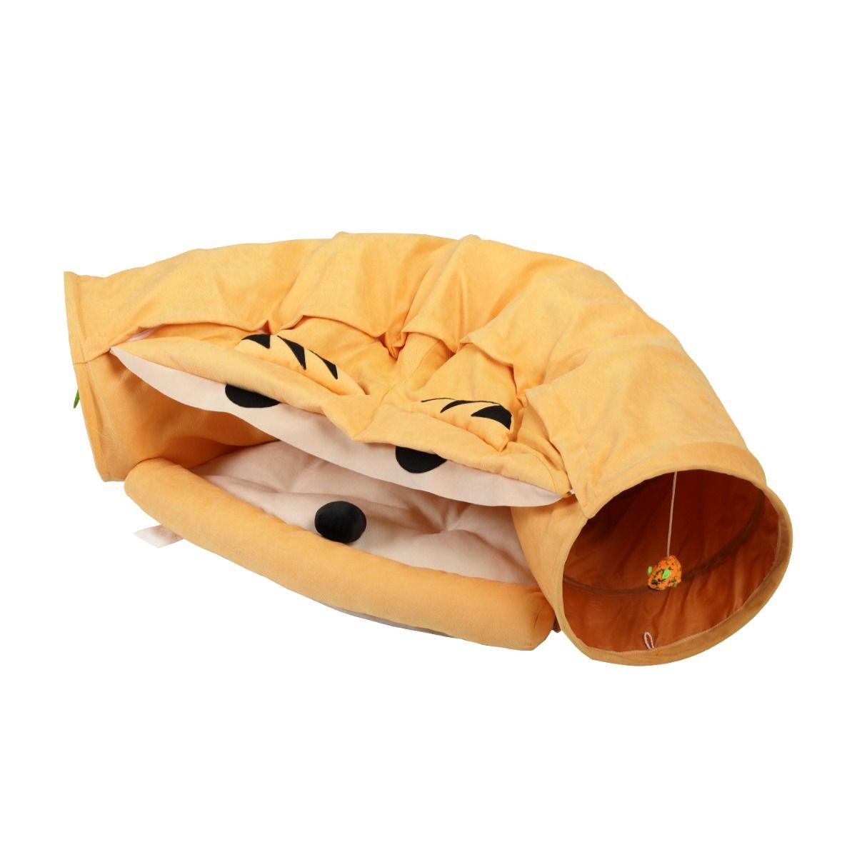 Cat Telescopic Tunnel with Cushioned Bed - Zipper Connection Pet Nest & Teasing Balls for Felines | Yellow