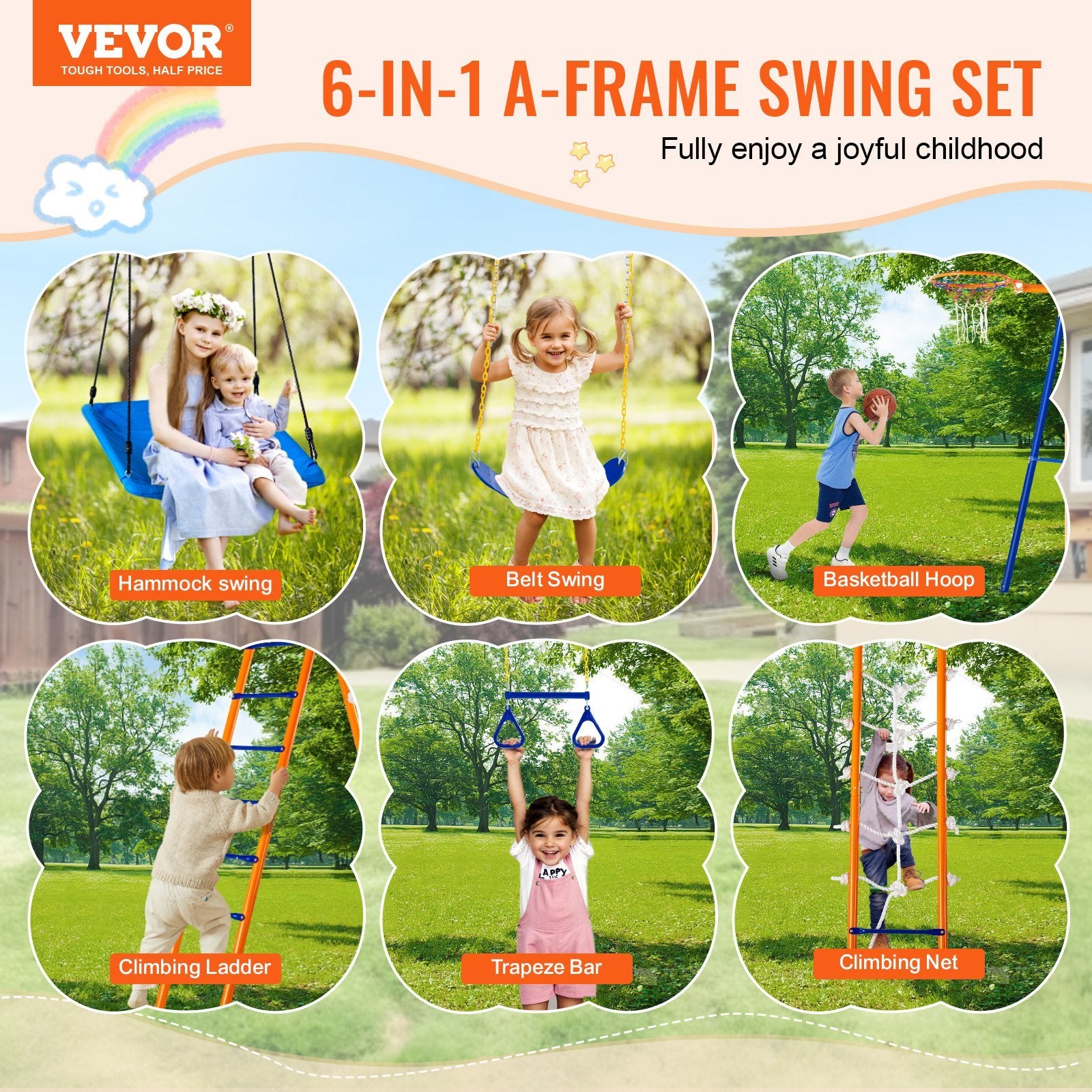 Versatile 6-in-1 A-Frame Swing Set for Kids - Includes Swings, Trapeze, Ladder, Climbing Net & Basketball Hoop