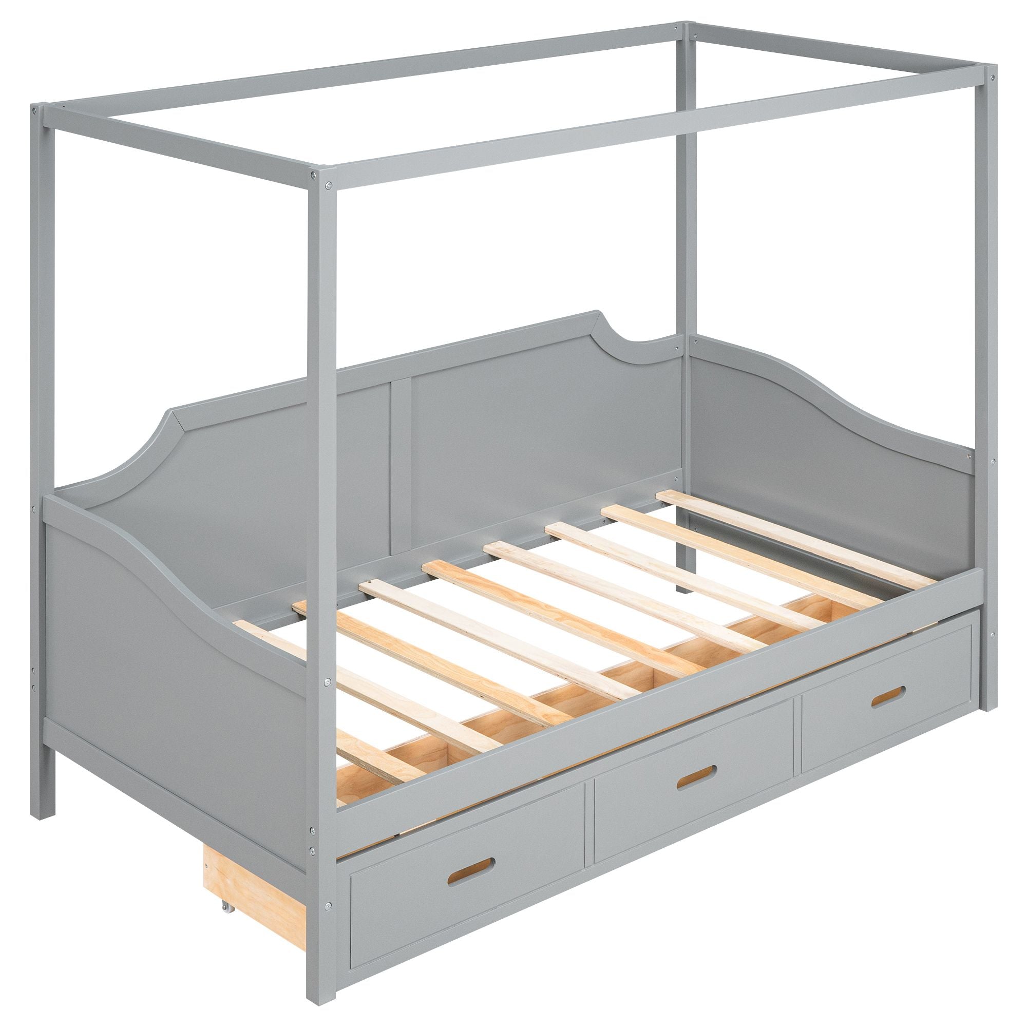 Twin Size Wooden Canopy Daybed with 3 in 1 Storage Drawers