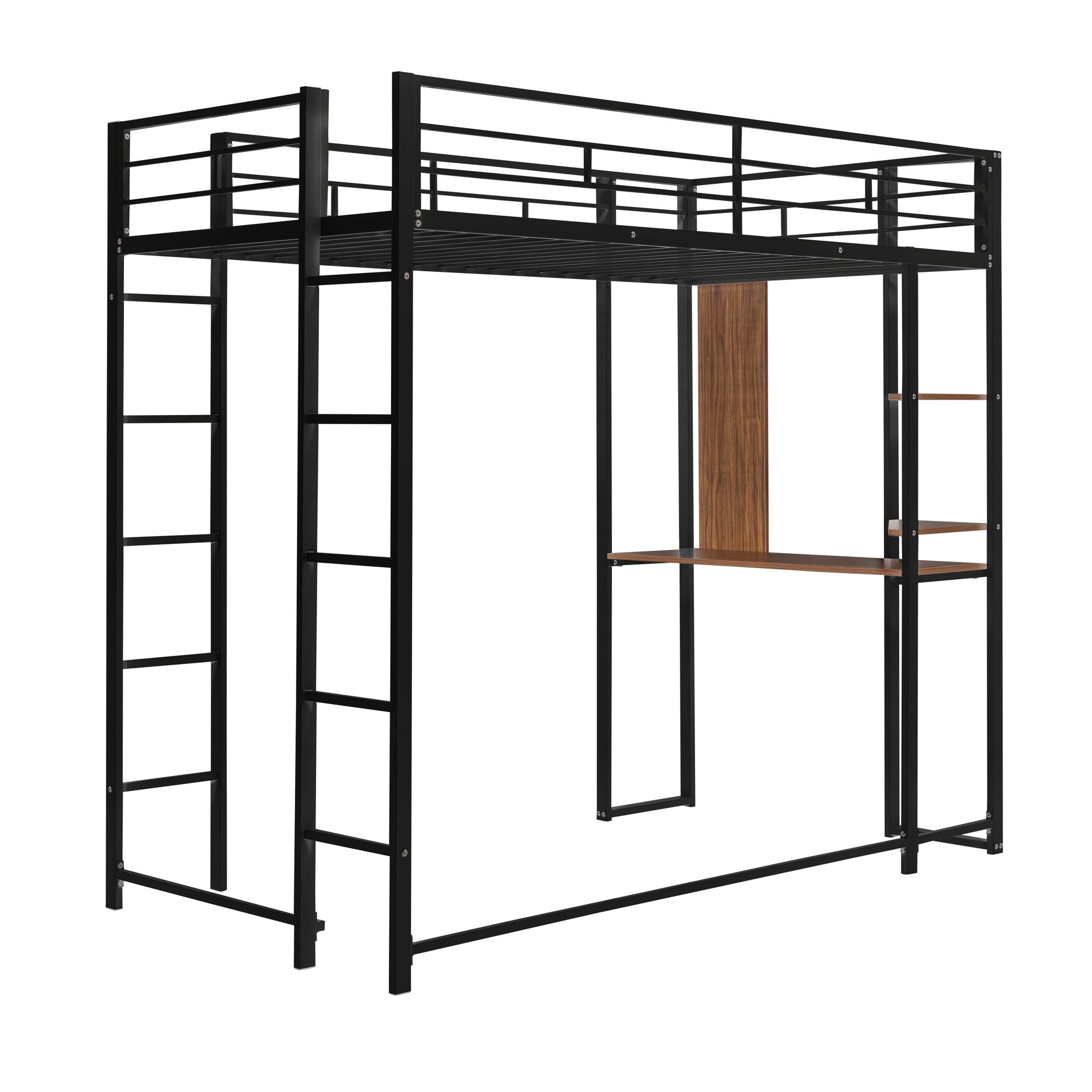 Twin Metal Loft Bed with 2 Shelves and one Desk