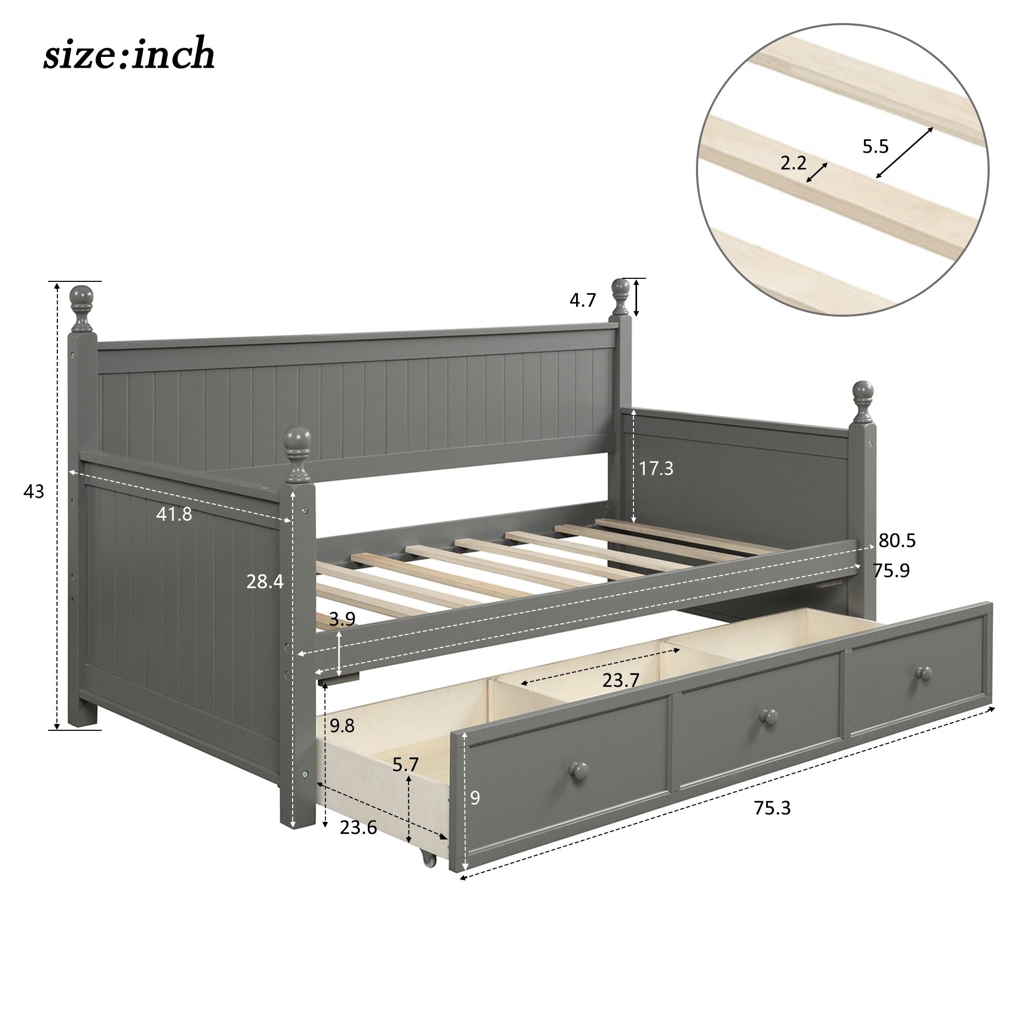 Wood Daybed with Three Drawers ; Twin Size Daybed; No Box Spring Needed ; White