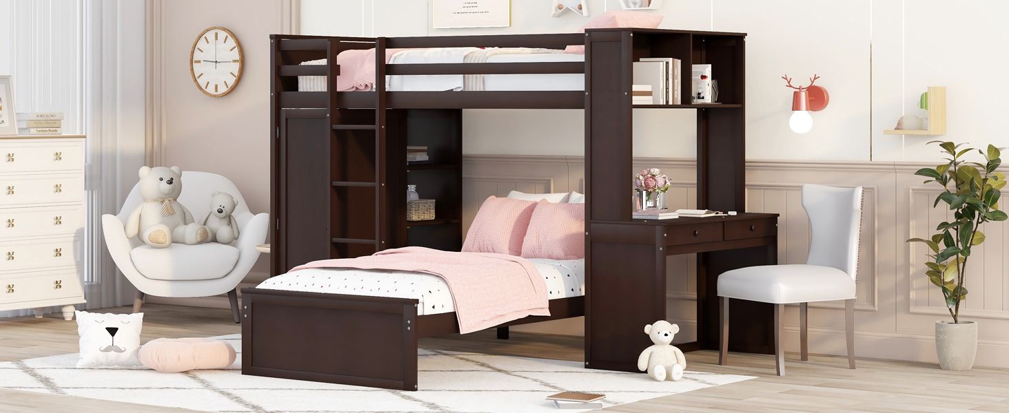 Twin size Loft Bed with a Stand-alone bed;  Shelves; Desk; and Wardrobe