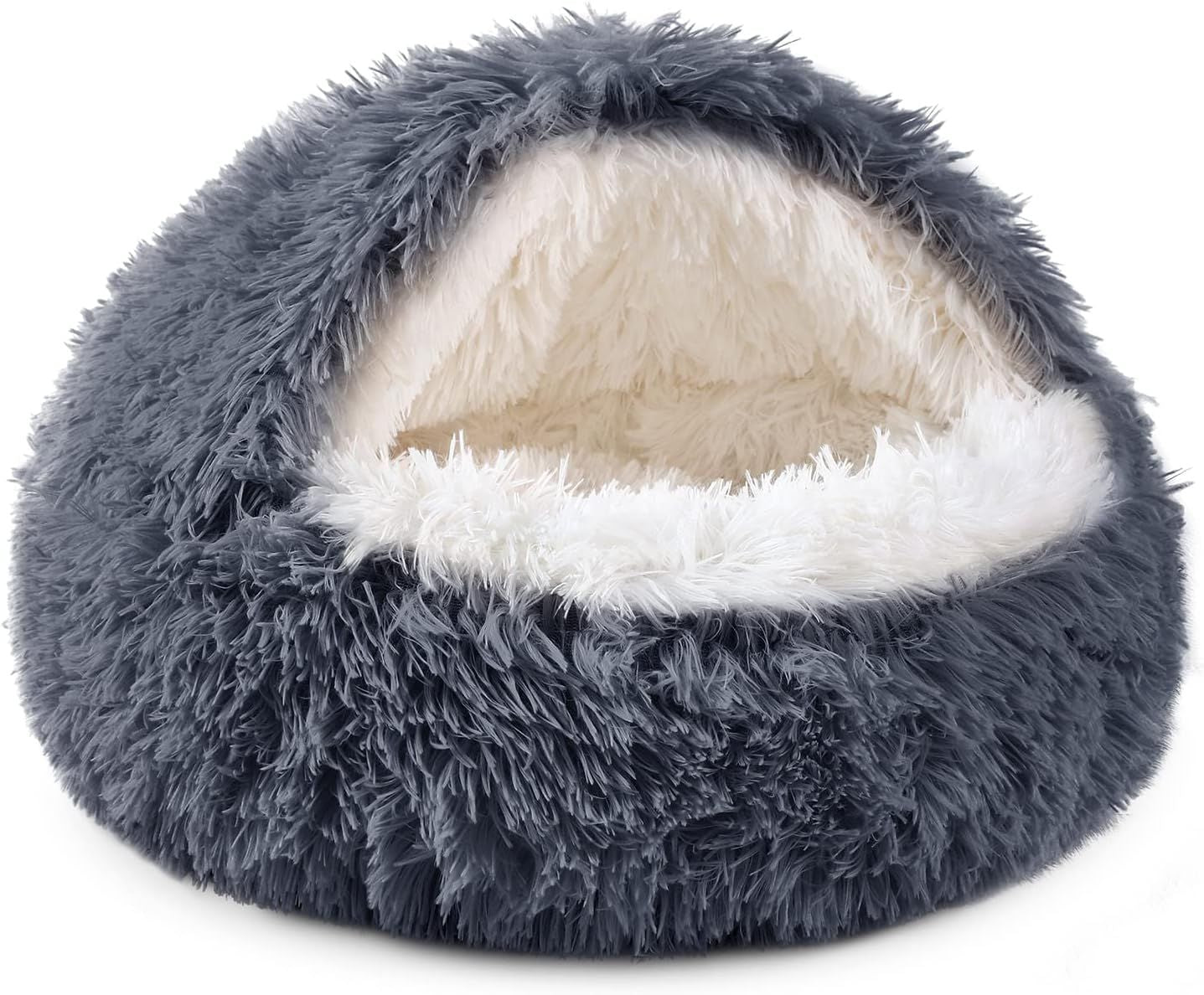 Round Cat Bed - Soft Plush Burrowing Cave & Hooded Donut Bed for Dogs & Cats | Faux Fur Cuddler, Comfortable Self-Warming Pet Bed, Machine Washable