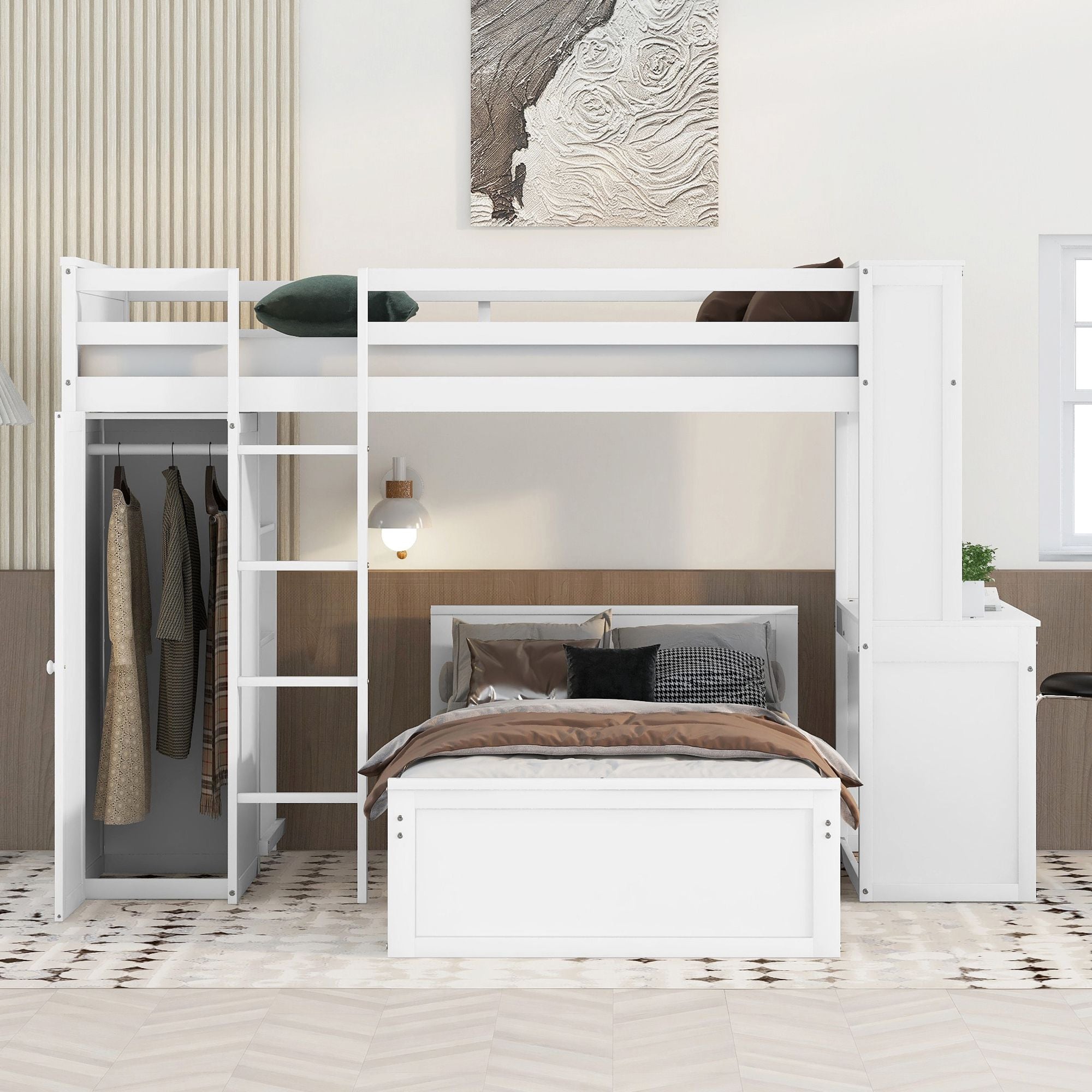 Twin size Loft Bed with a Stand-alone bed;  Shelves; Desk; and Wardrobe