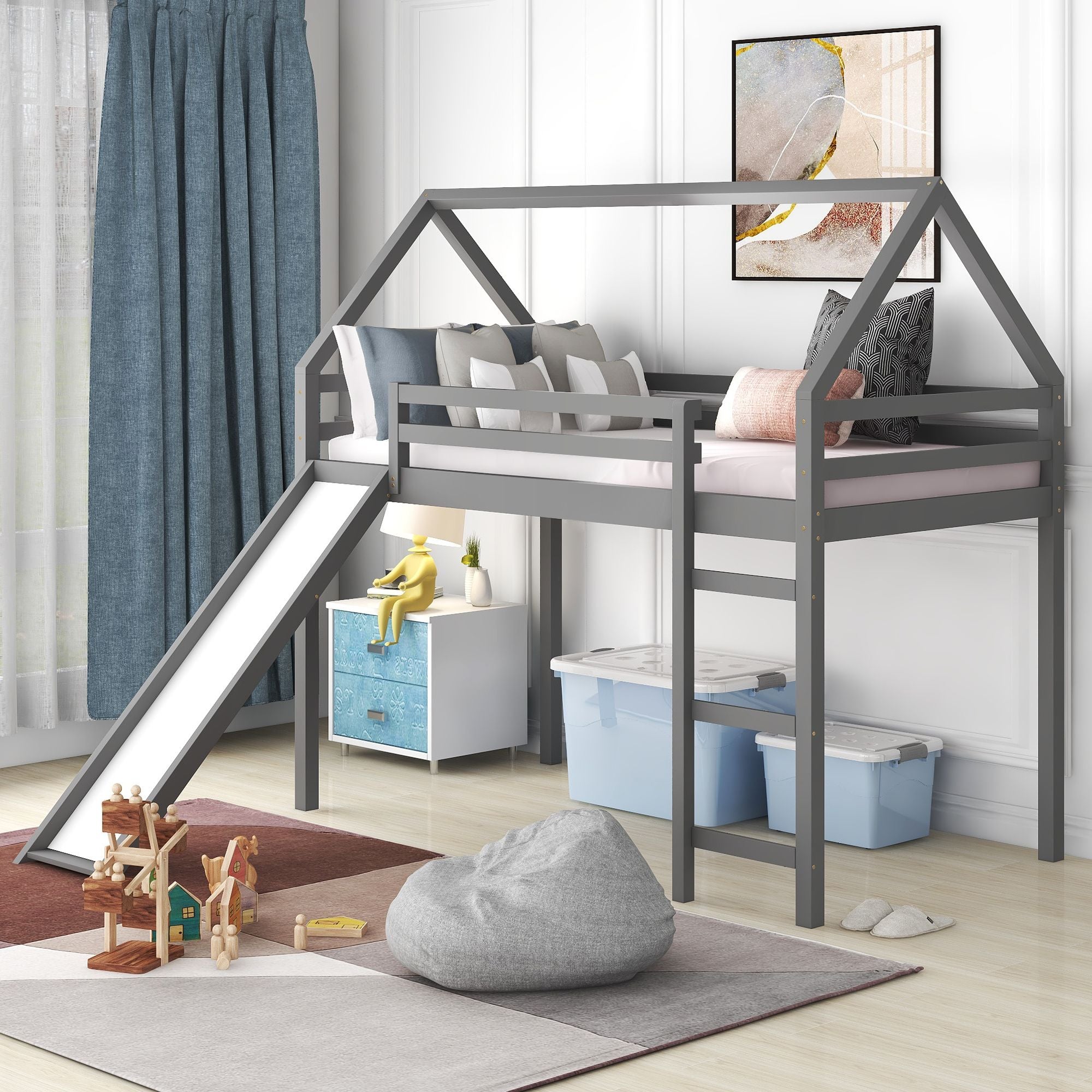 Twin Size Loft Bed with Slide;  House Bed with Slide