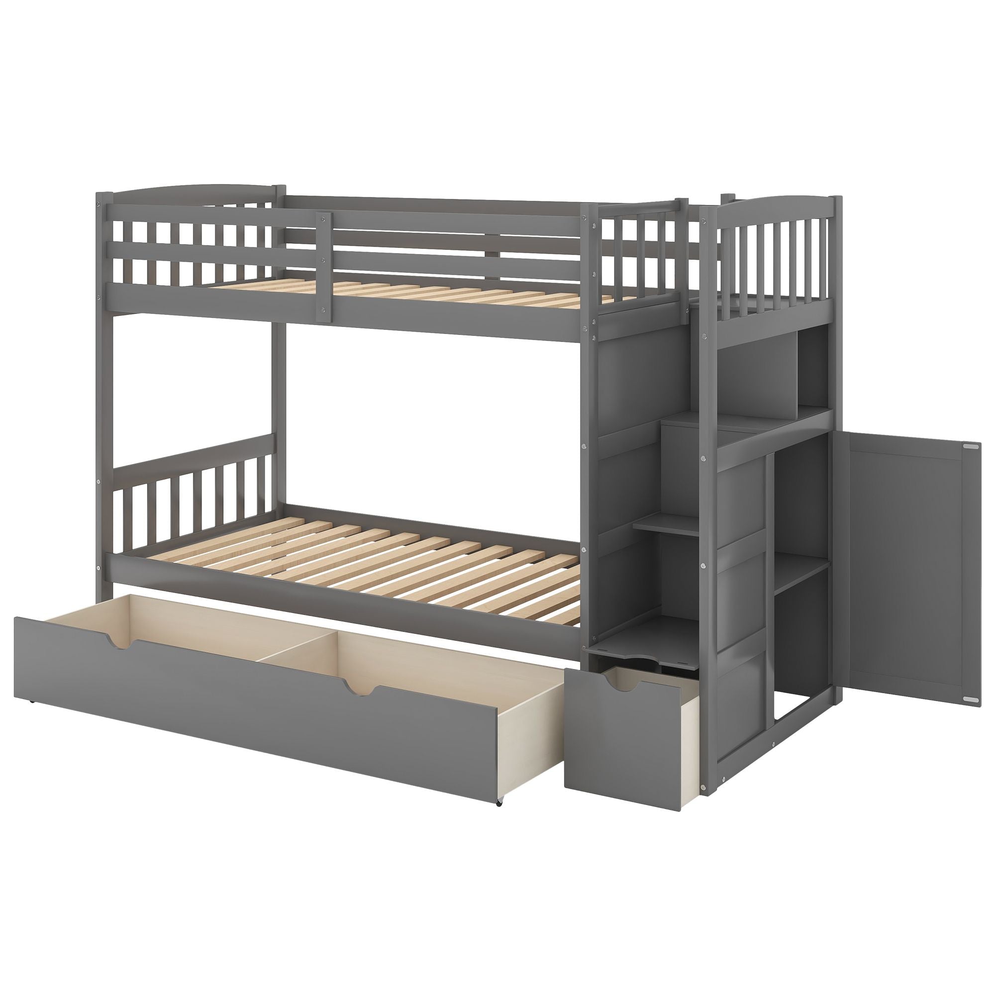 Twin over Full/Twin Bunk Bed;  Convertible Bottom Bed;  Storage Shelves and Drawers;  Gray