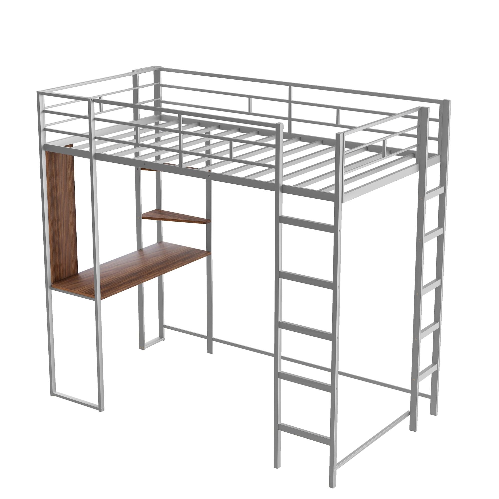 Twin Metal Loft Bed with 2 Shelves and one Desk