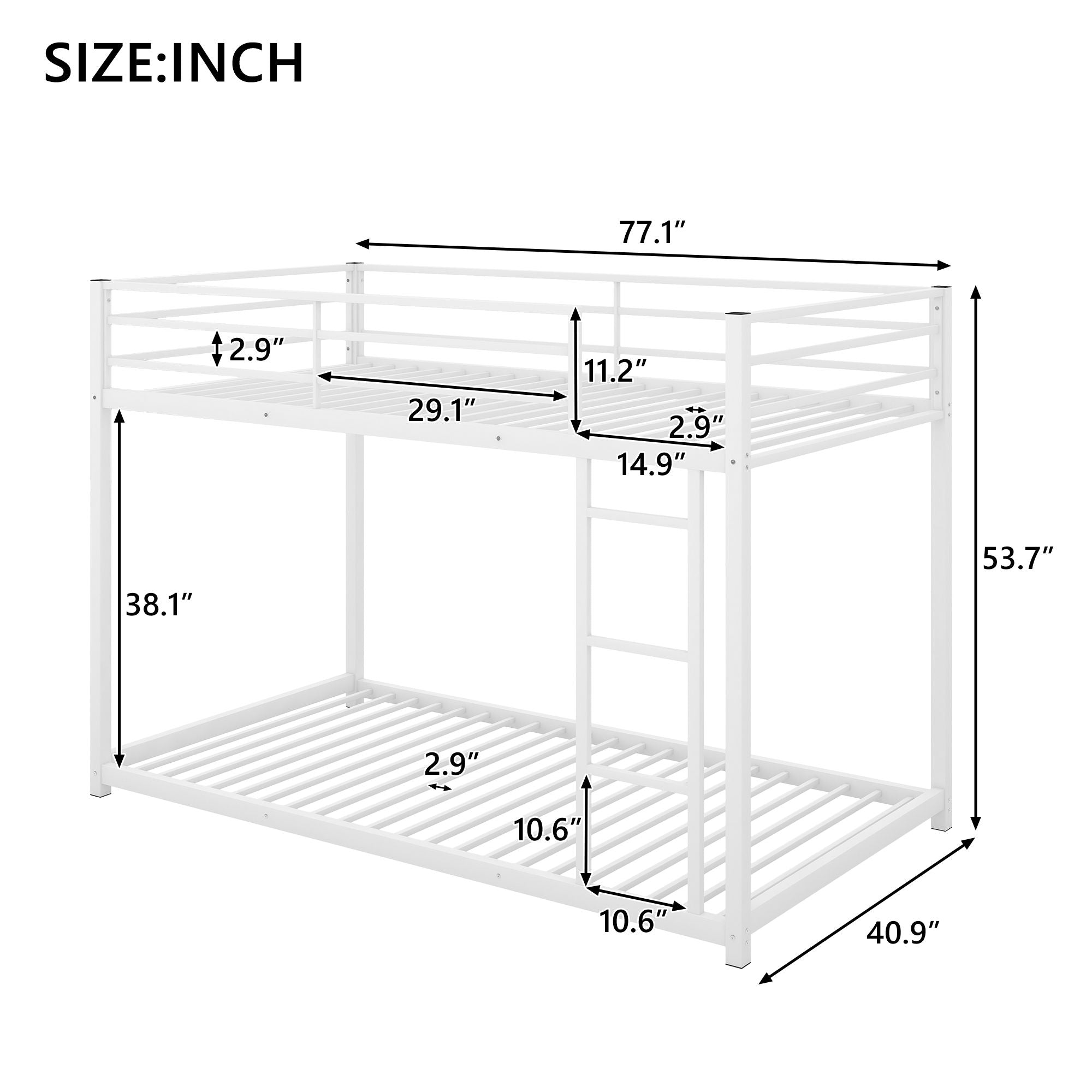 Twin over Twin Metal Bunk Bed;  Low Bunk Bed with Ladder