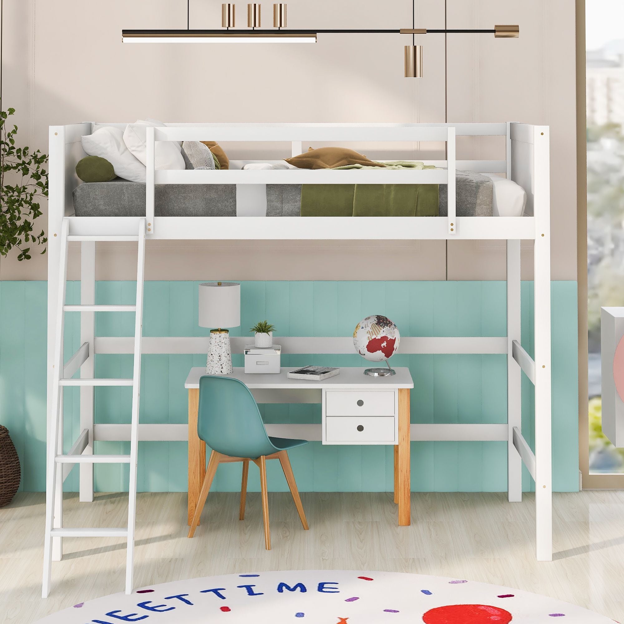 Solid Wood Twin Size Loft Bed with Ladde