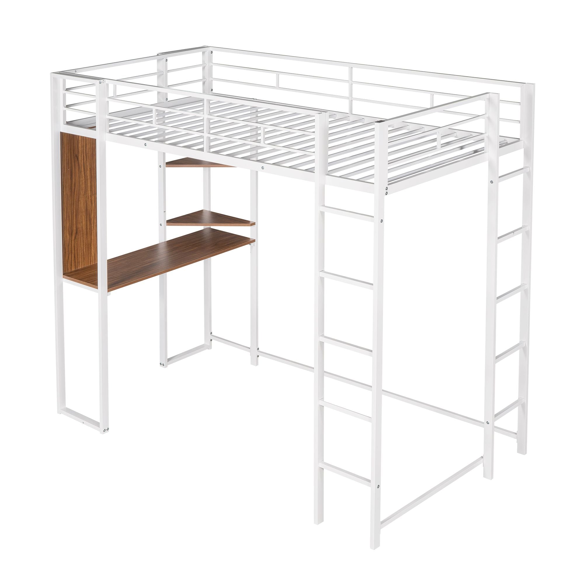 Twin Metal Loft Bed with 2 Shelves and one Desk