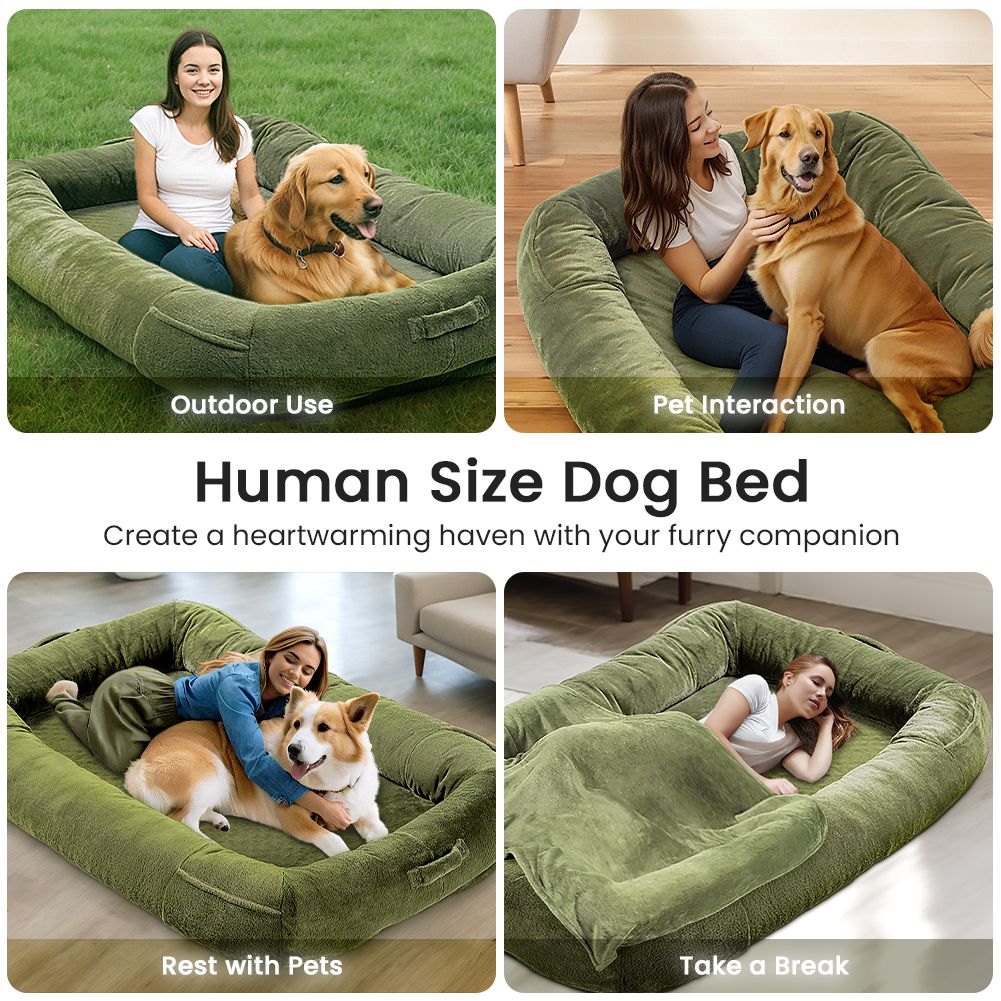 Extra Large Dog Bed, Human Dog Bed for Adult Instead of Foldable Air Mattress, 72"x48"x10" Washable Floor Beds Large Sized Dog Gifts with Handle, Blanket and 4 Storage Pockets, Army Green