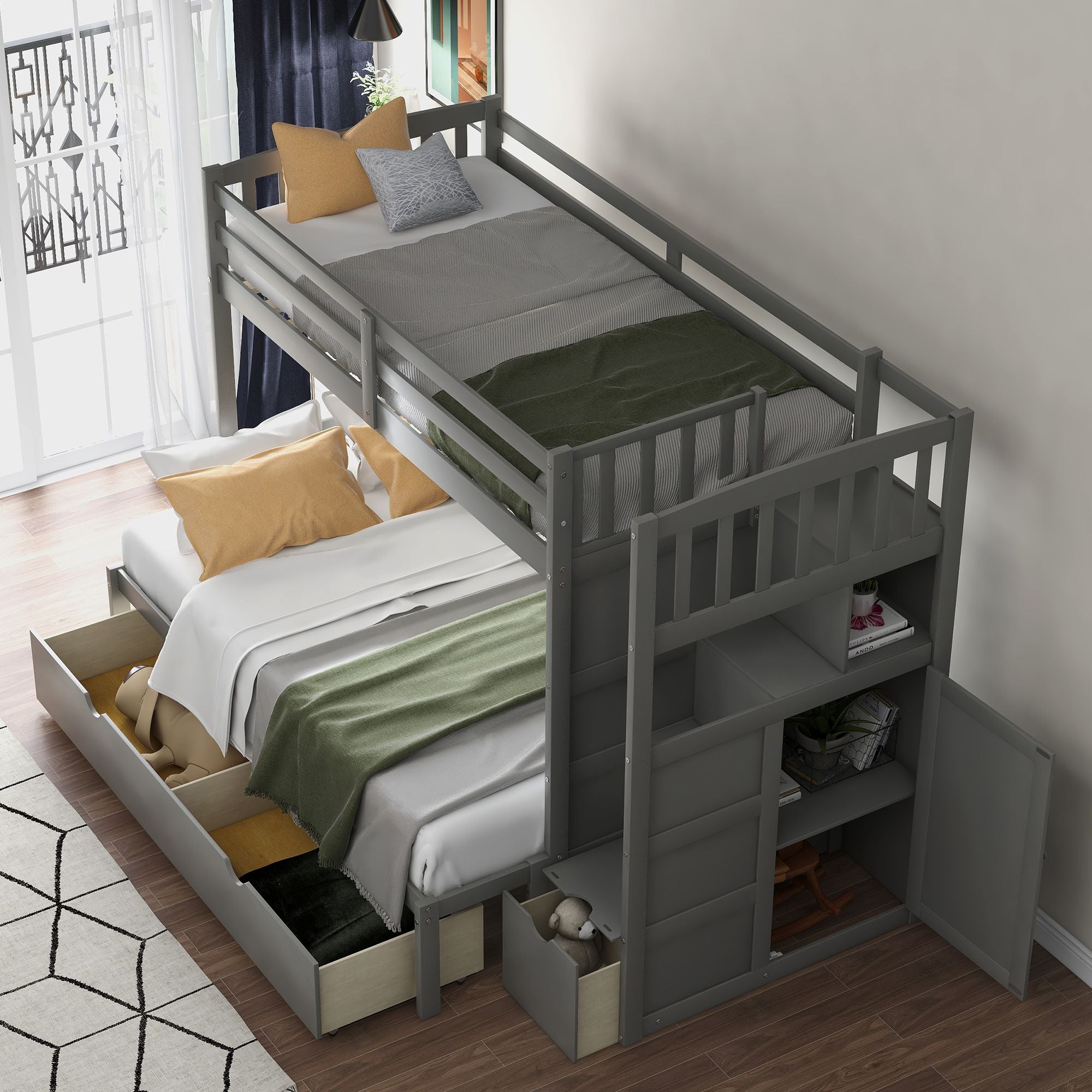 Twin over Full/Twin Bunk Bed;  Convertible Bottom Bed;  Storage Shelves and Drawers;  Gray