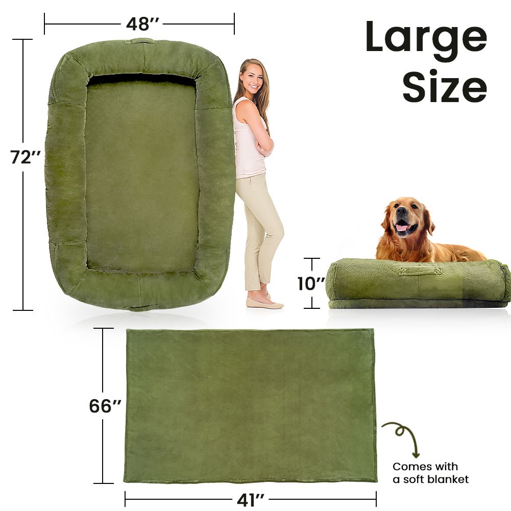 Extra Large Dog Bed, Human Dog Bed for Adult Instead of Foldable Air Mattress, 72"x48"x10" Washable Floor Beds Large Sized Dog Gifts with Handle, Blanket and 4 Storage Pockets, Army Green