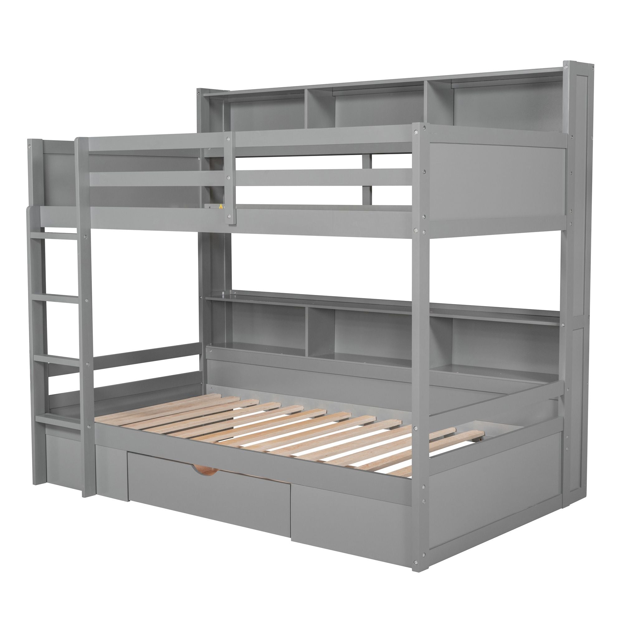 Twin Size Bunk Bed with Built-in Shelves Beside both Upper and Down Bed and Storage Drawe