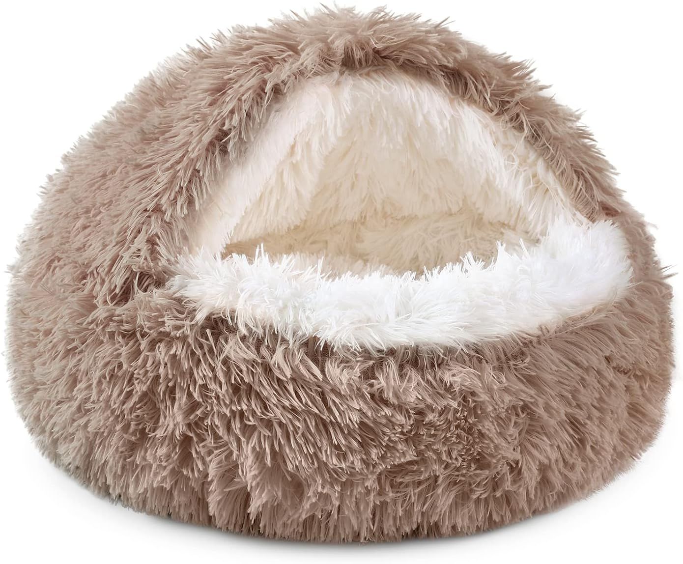 Round Cat Bed - Soft Plush Burrowing Cave & Hooded Donut Bed for Dogs & Cats | Faux Fur Cuddler, Comfortable Self-Warming Pet Bed, Machine Washable