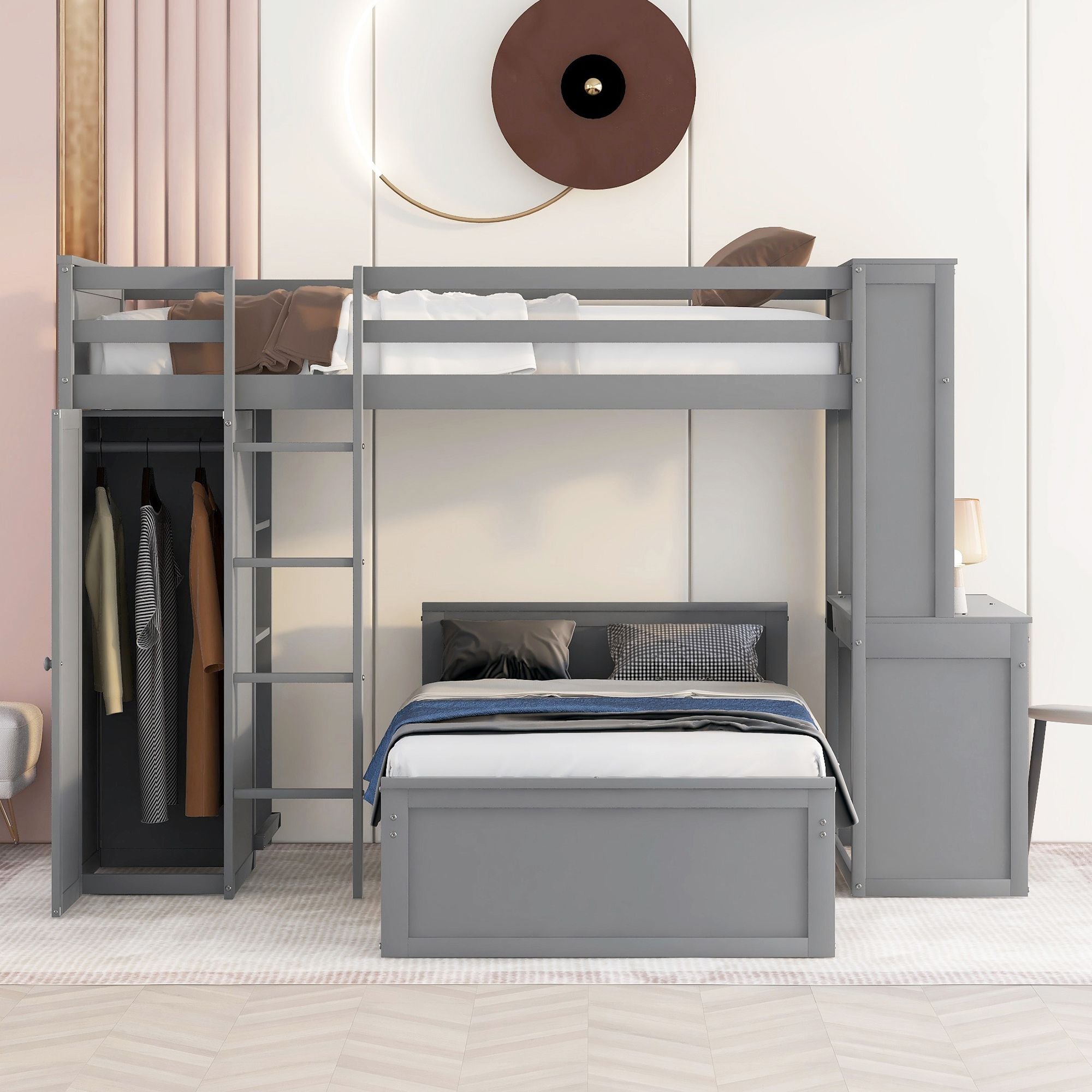 Twin size Loft Bed with a Stand-alone bed;  Shelves; Desk; and Wardrobe