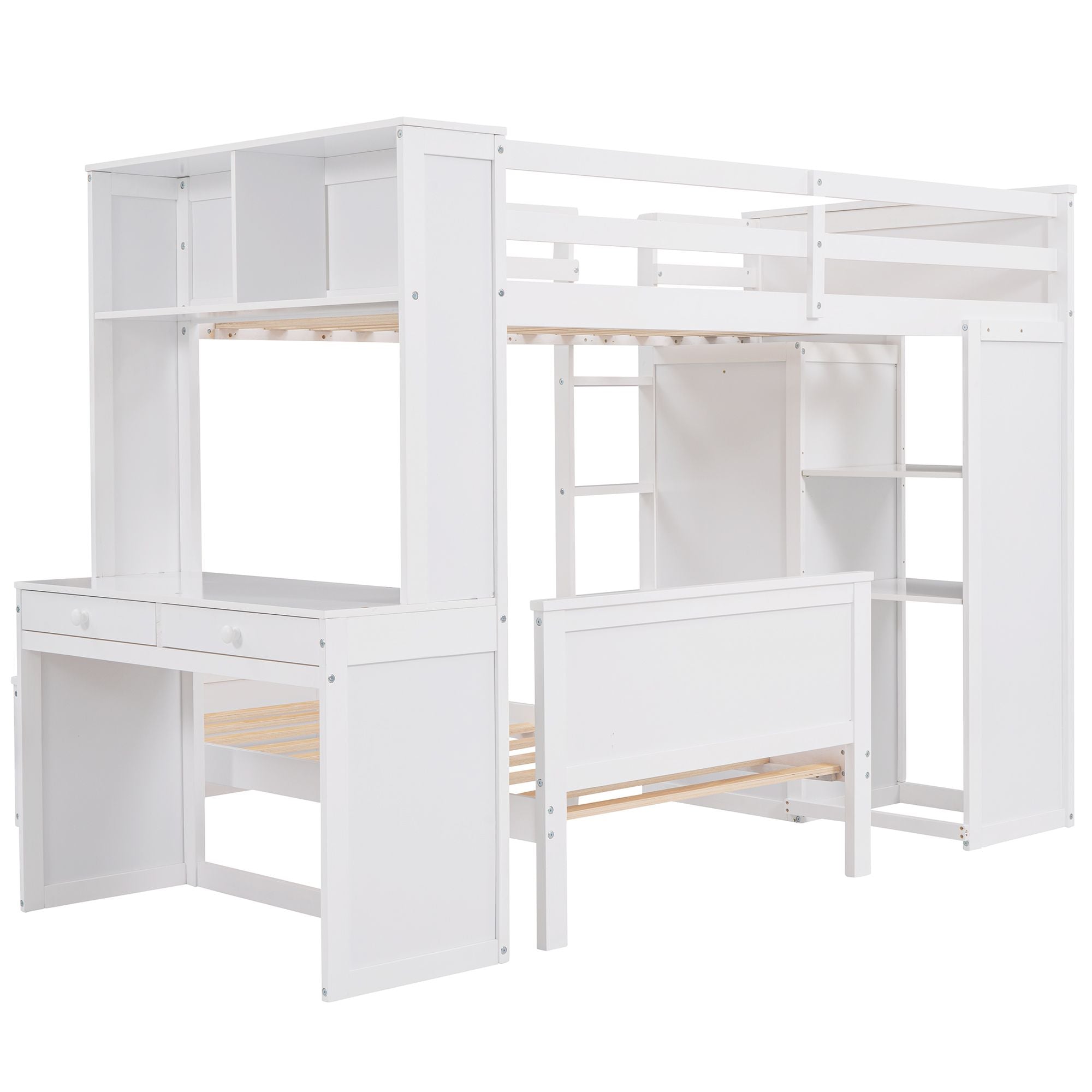 Twin size Loft Bed with a Stand-alone bed;  Shelves; Desk; and Wardrobe