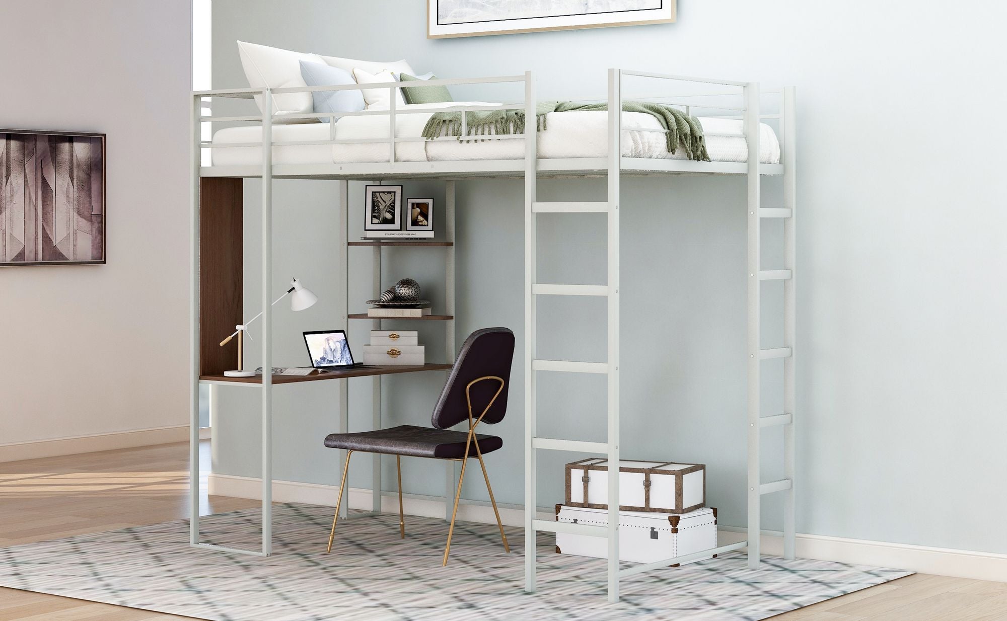 Twin Metal Loft Bed with 2 Shelves and one Desk