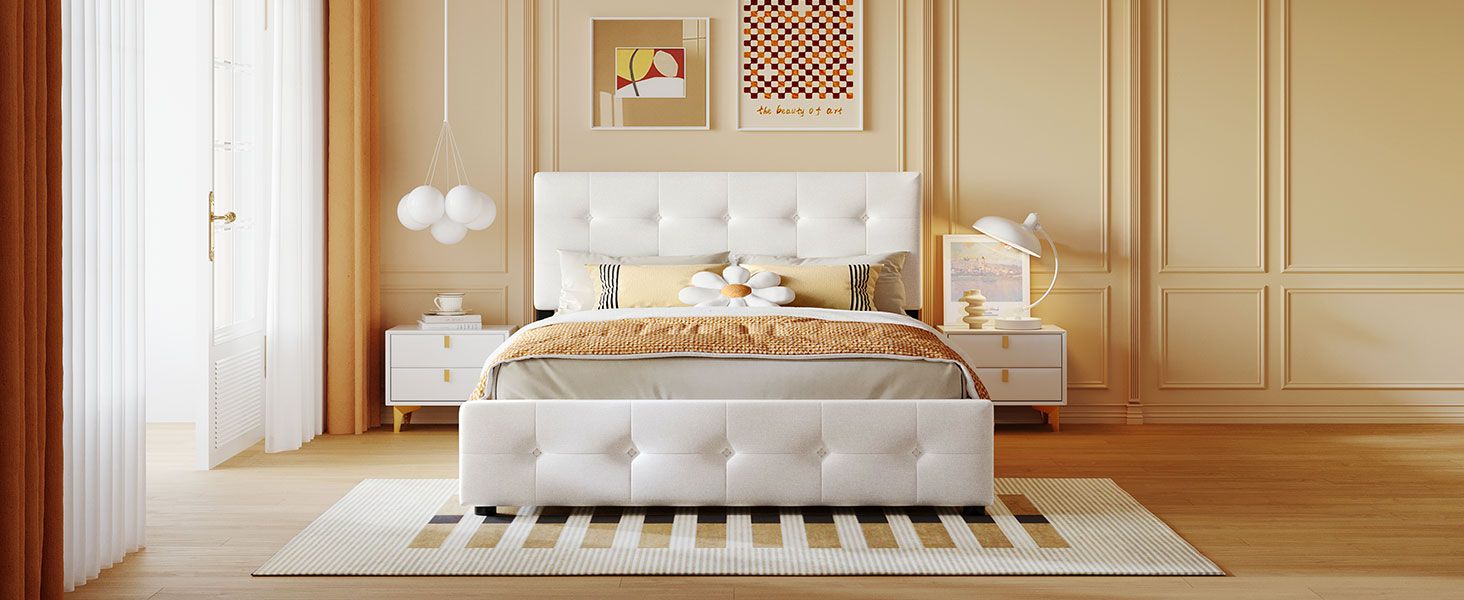 Upholstered Platform Bed with Classic Headboard and 4 Drawers;  No Box Spring Needed;  Linen Fabric;  Queen Size