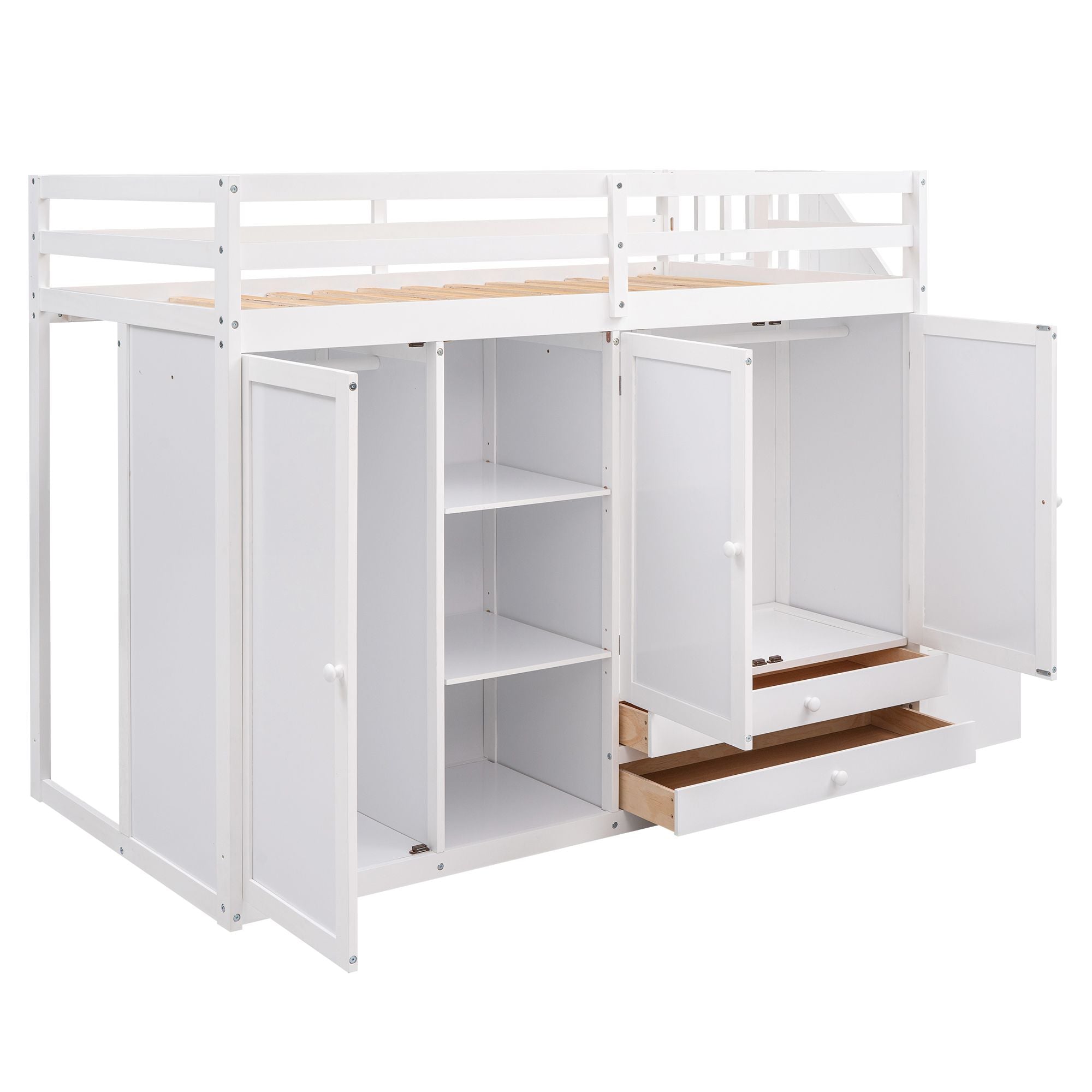 Functional Loft Bed with 3 Shelves;  2 Wardrobes and 2 Drawers;  Ladder with Storage;  No Box Spring Needed