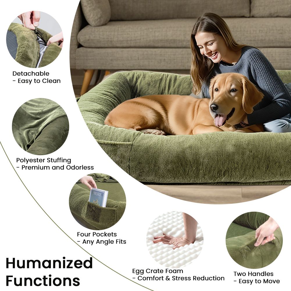 Extra Large Dog Bed, Human Dog Bed for Adult Instead of Foldable Air Mattress, 72"x48"x10" Washable Floor Beds Large Sized Dog Gifts with Handle, Blanket and 4 Storage Pockets, Army Green