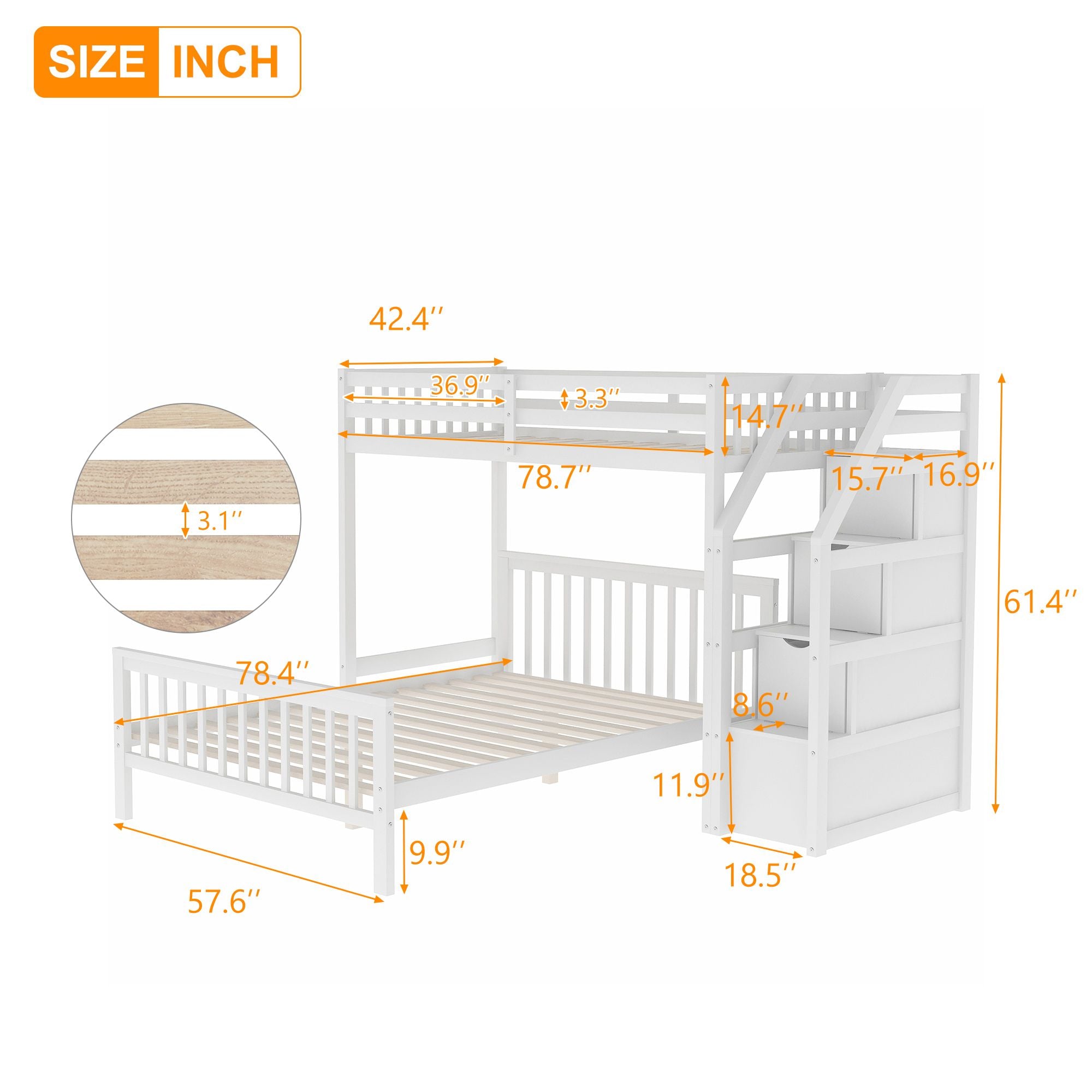 Twin over Full Loft Bed with Staircase,White