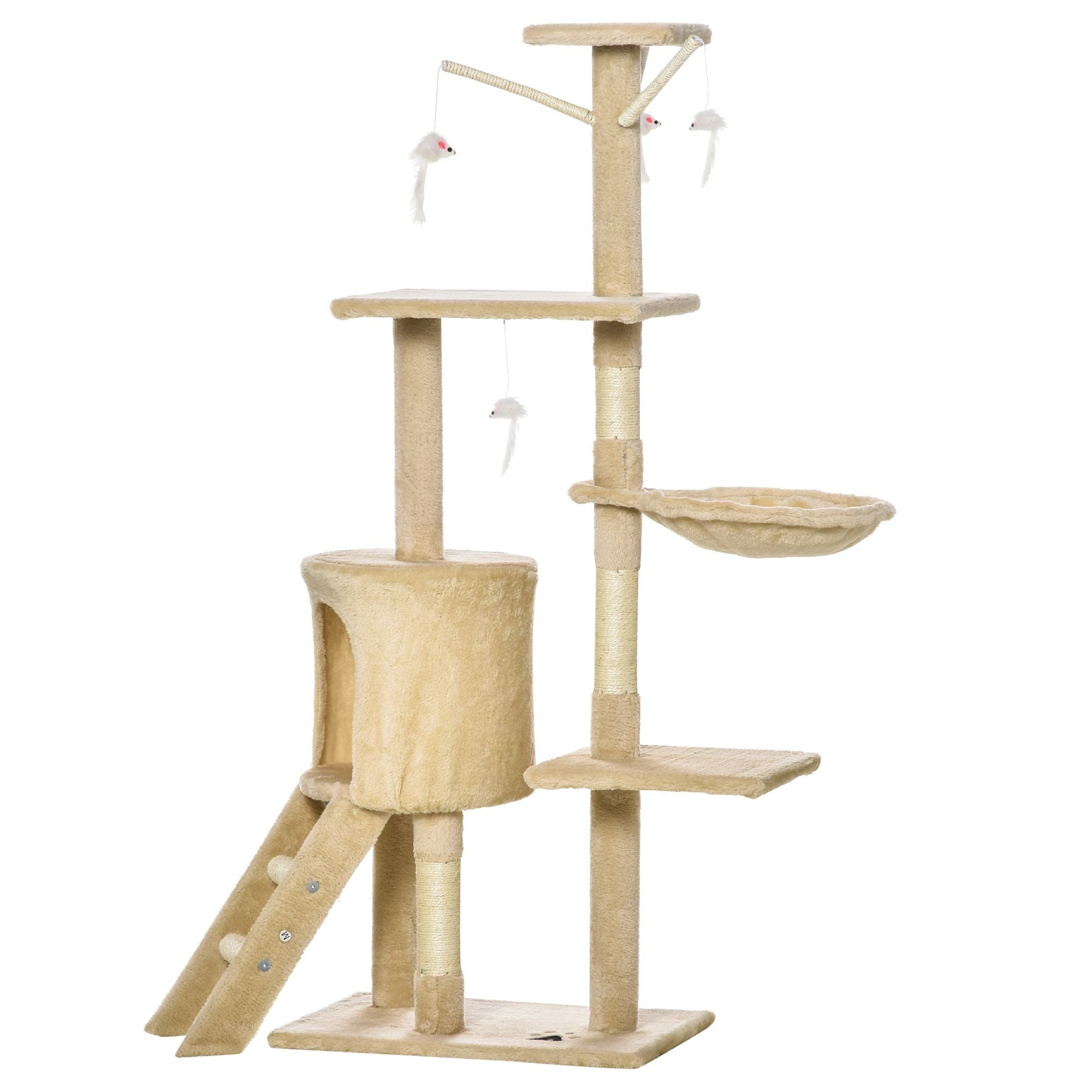 PawHut 53” Plush Cat Condo Tower - Sturdy Scratching Post & Interactive Activity Tree House for Cats | Beige