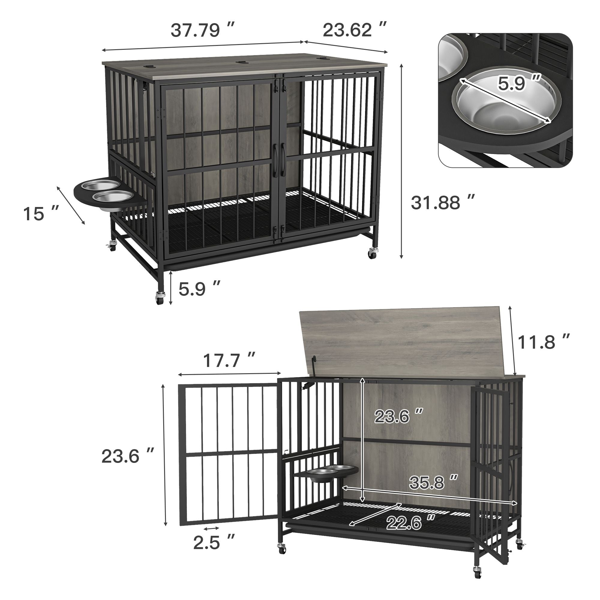 Modern Kennel Dogs room up to 80 LB, Dog crate furniture with Multi-Purpose Rremovable Ttray, Double-Door Dog House, lift Panel, 360 Degree Rotation -3 Height Adjustable Feeding Bowls