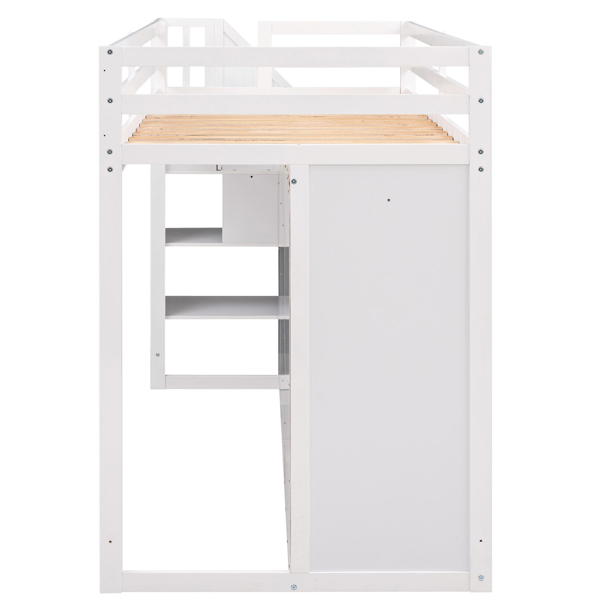 Functional Loft Bed with 3 Shelves;  2 Wardrobes and 2 Drawers;  Ladder with Storage;  No Box Spring Needed