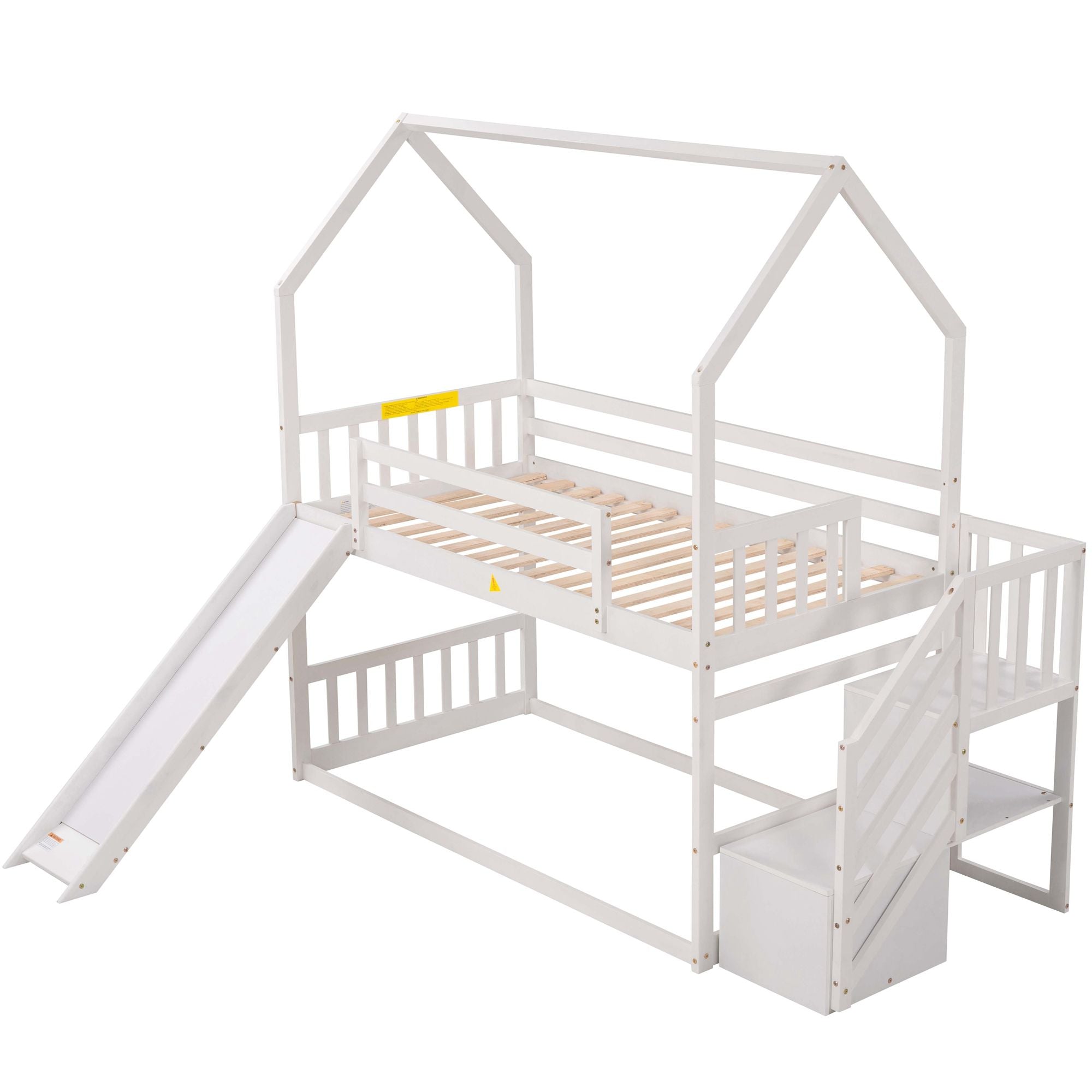 Twin over Twin House Bunk Bed with Convertible Slide; Storage Staircase