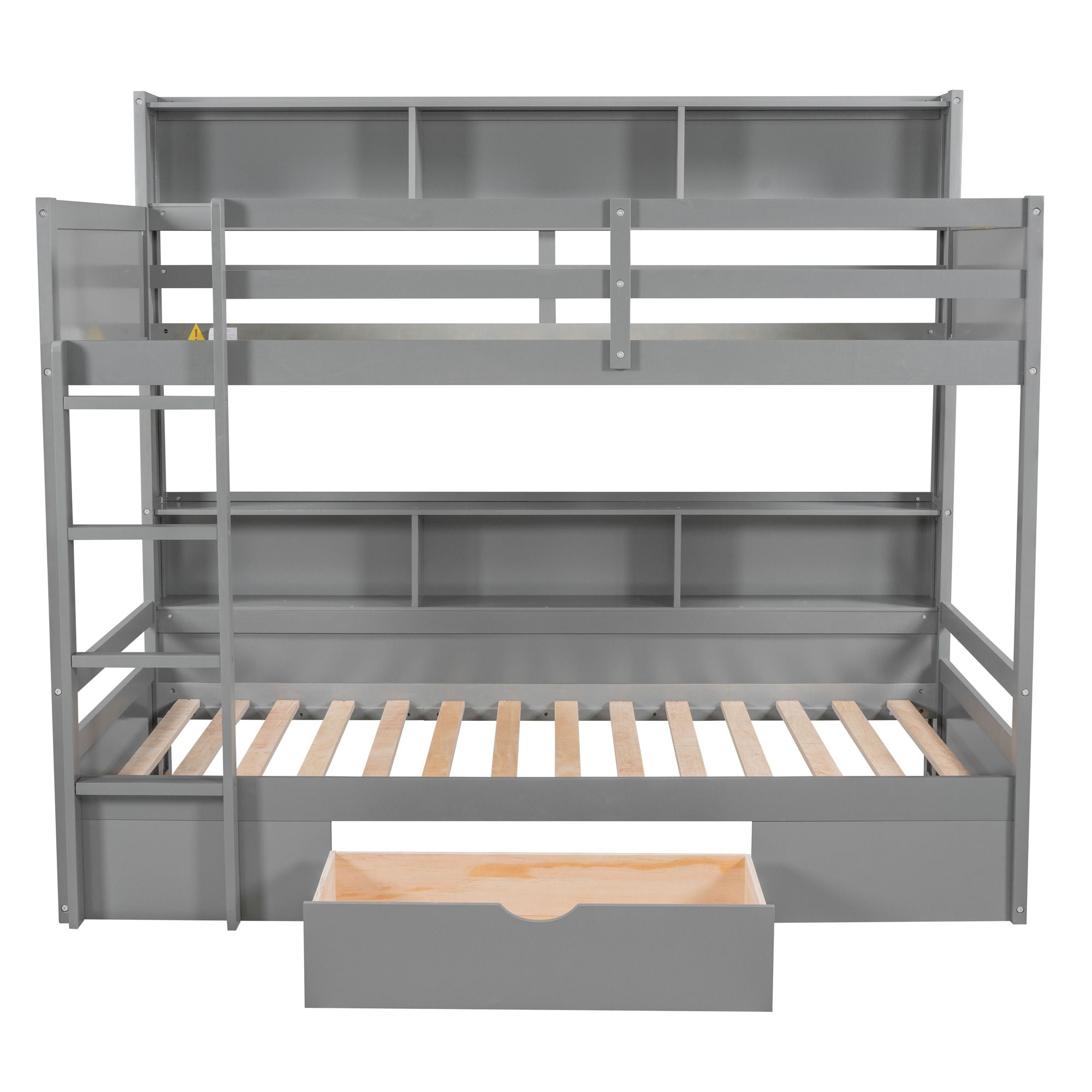 Twin Size Bunk Bed with Built-in Shelves Beside both Upper and Down Bed and Storage Drawe