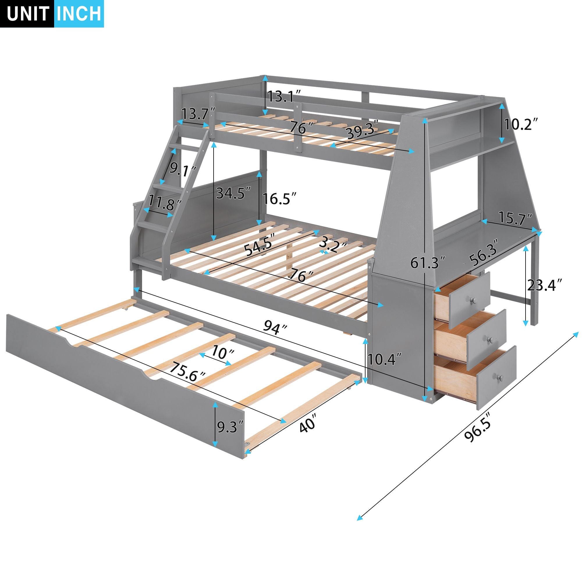 Twin over Full Bunk Bed with Trundle and Built-in Desk;  Three Storage Drawers and Shelf