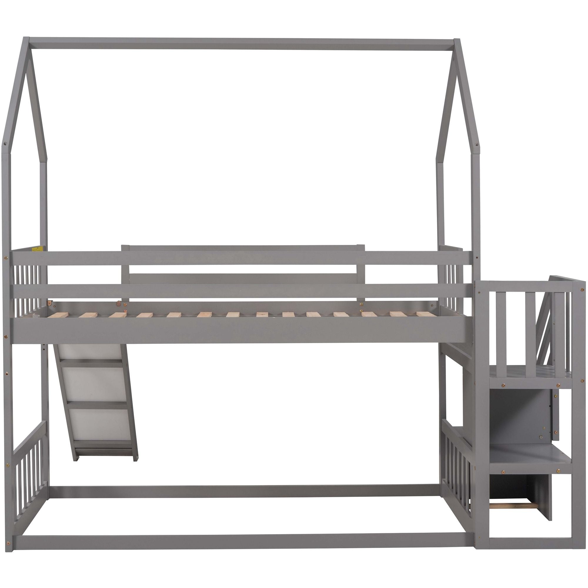 Twin over Twin House Bunk Bed with Convertible Slide; Storage Staircase