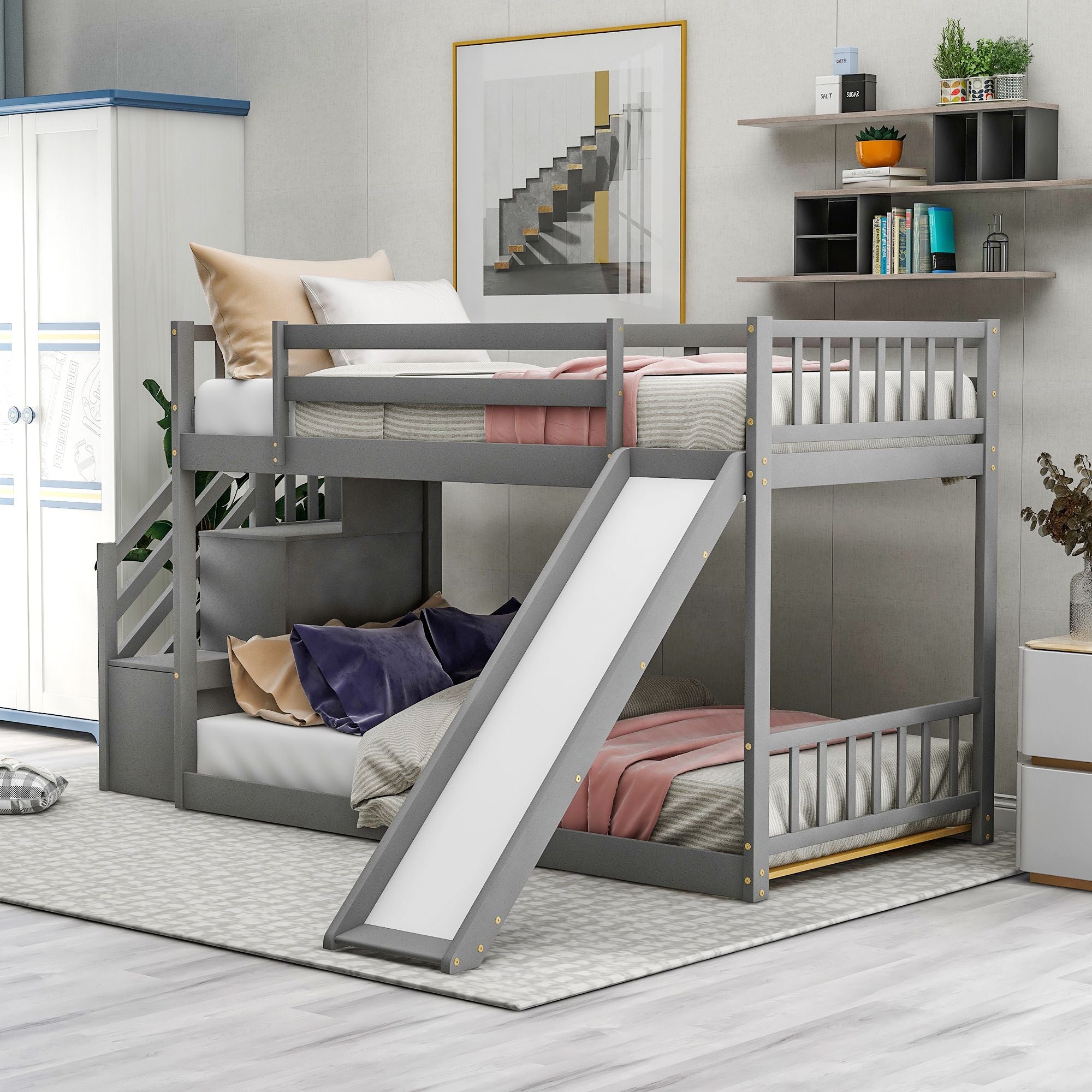 Twin over Twin Bunk Bed with Convertible Slide and Stairway