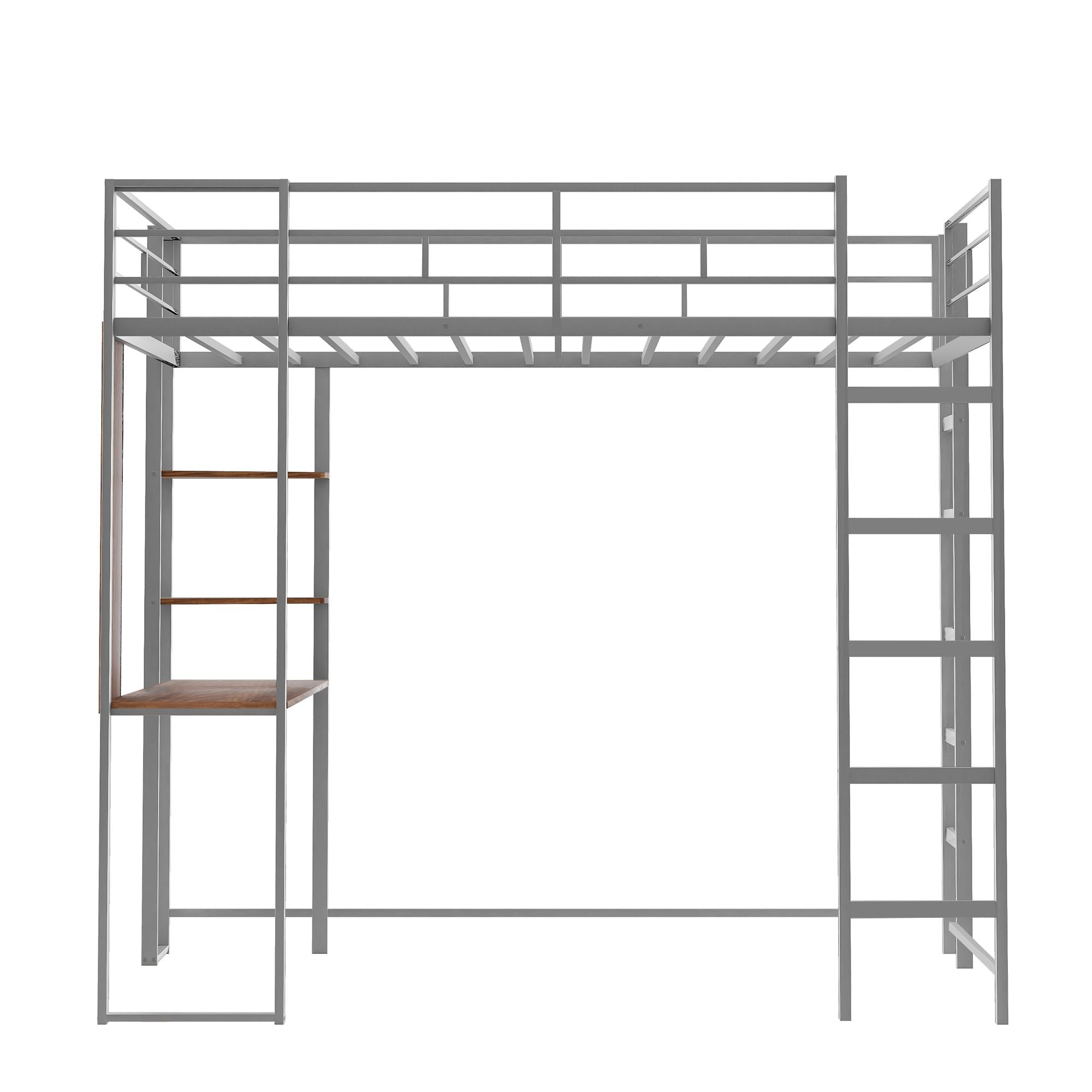 Twin Metal Loft Bed with 2 Shelves and one Desk