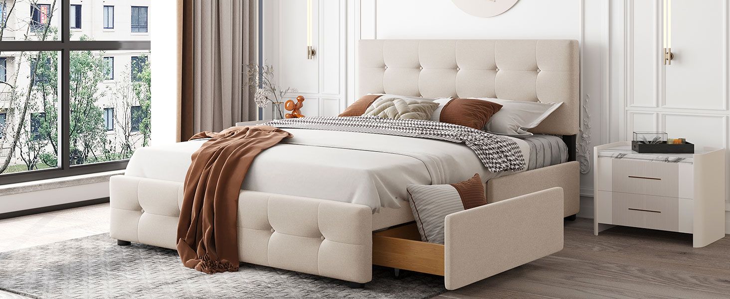 Upholstered Platform Bed with Classic Headboard and 4 Drawers;  No Box Spring Needed;  Linen Fabric;  Queen Size