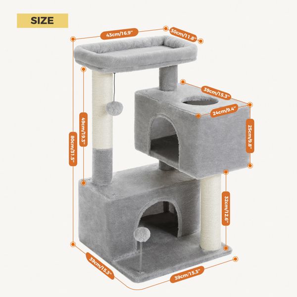 31.5" Cat Tree Cat Tower with Dual Large Condos for Kittens and Medium Size Cats