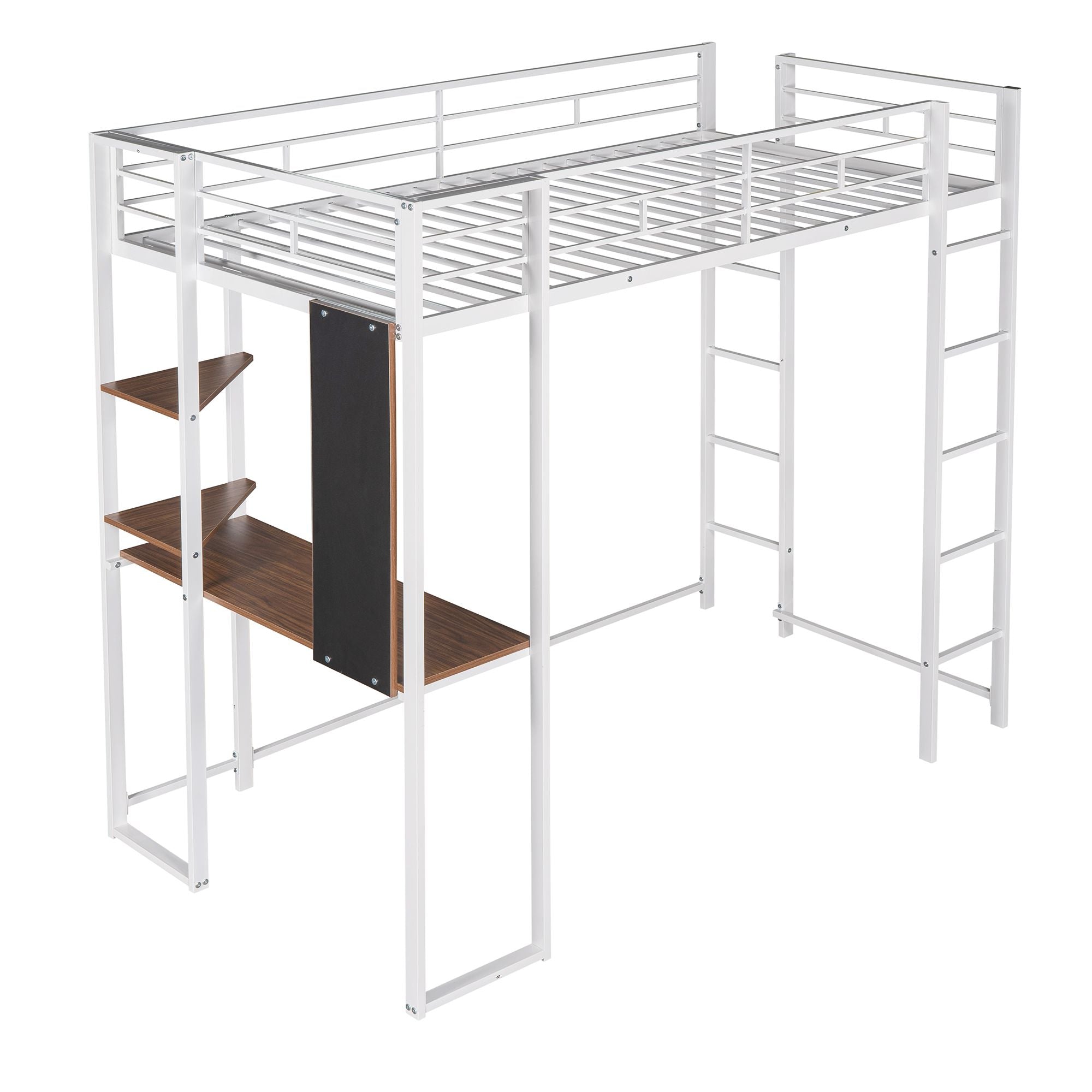 Twin Metal Loft Bed with 2 Shelves and one Desk