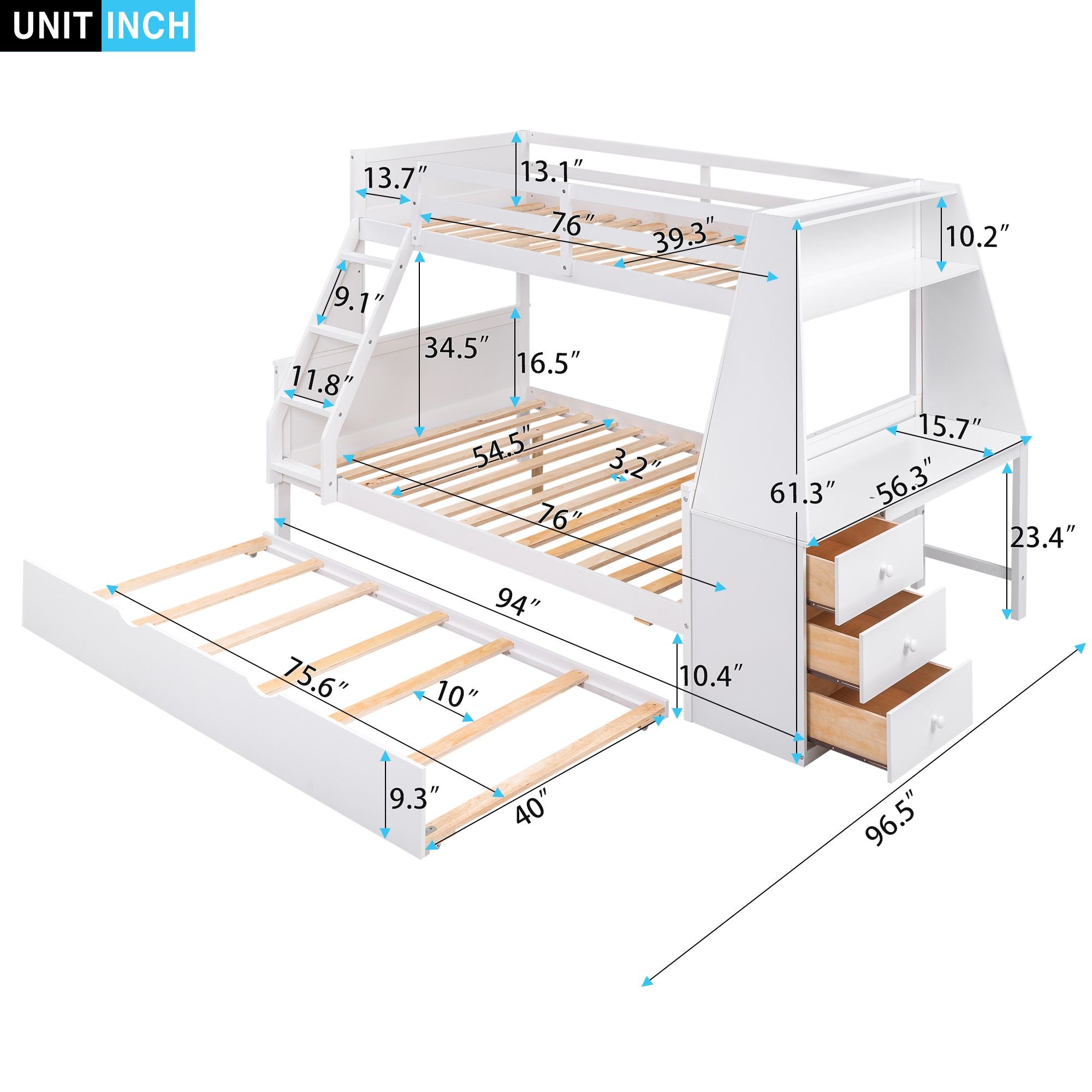 Twin over Full Bunk Bed with Trundle and Built-in Desk;  Three Storage Drawers and Shelf