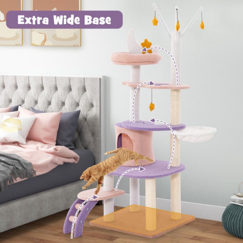 Whimsical Multi-Level Cat Tower with Sisal Scratching Posts, Hammock, and Star Decor – Perfect for Multiple Cats