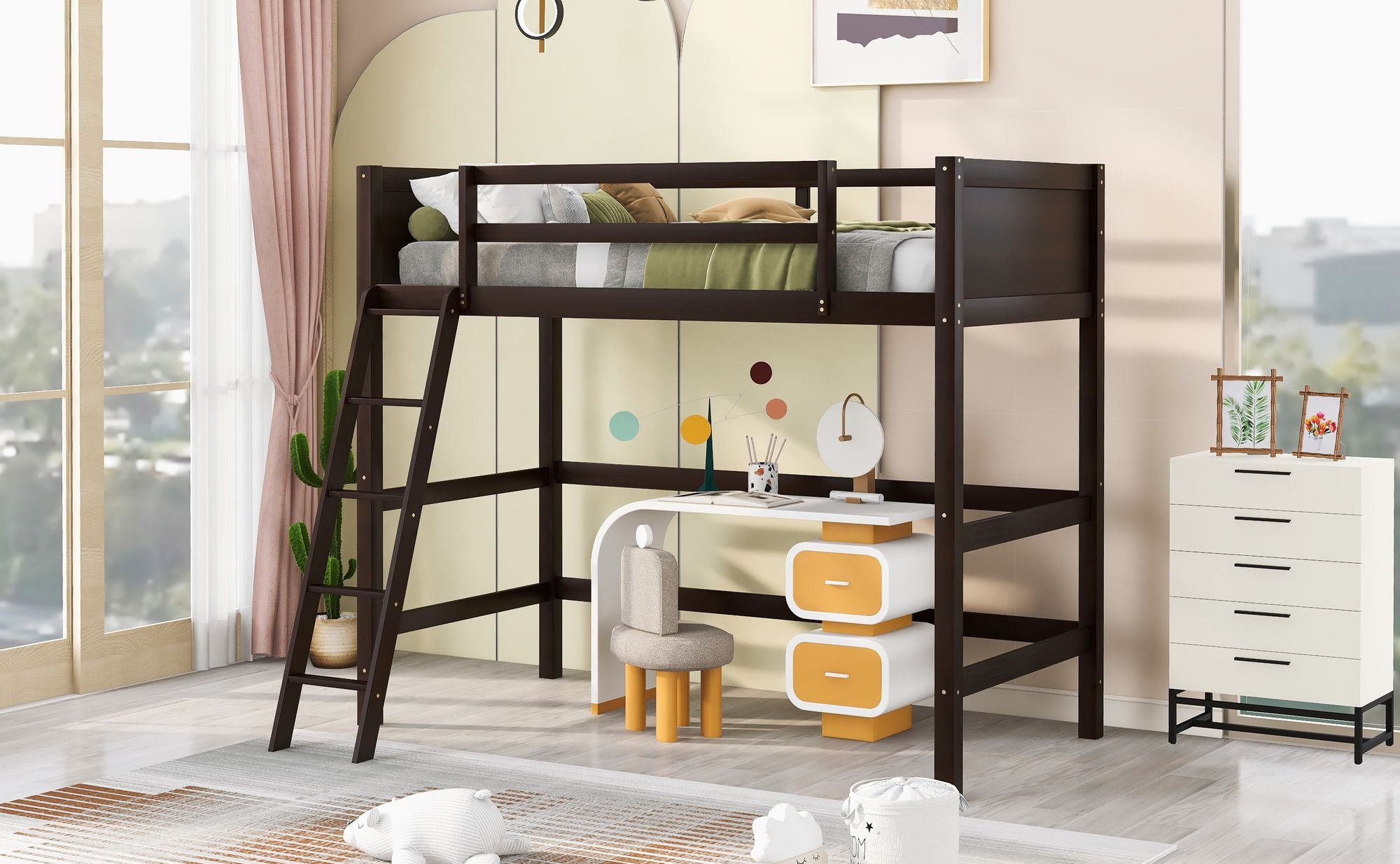 Solid Wood Twin Size Loft Bed with Ladde