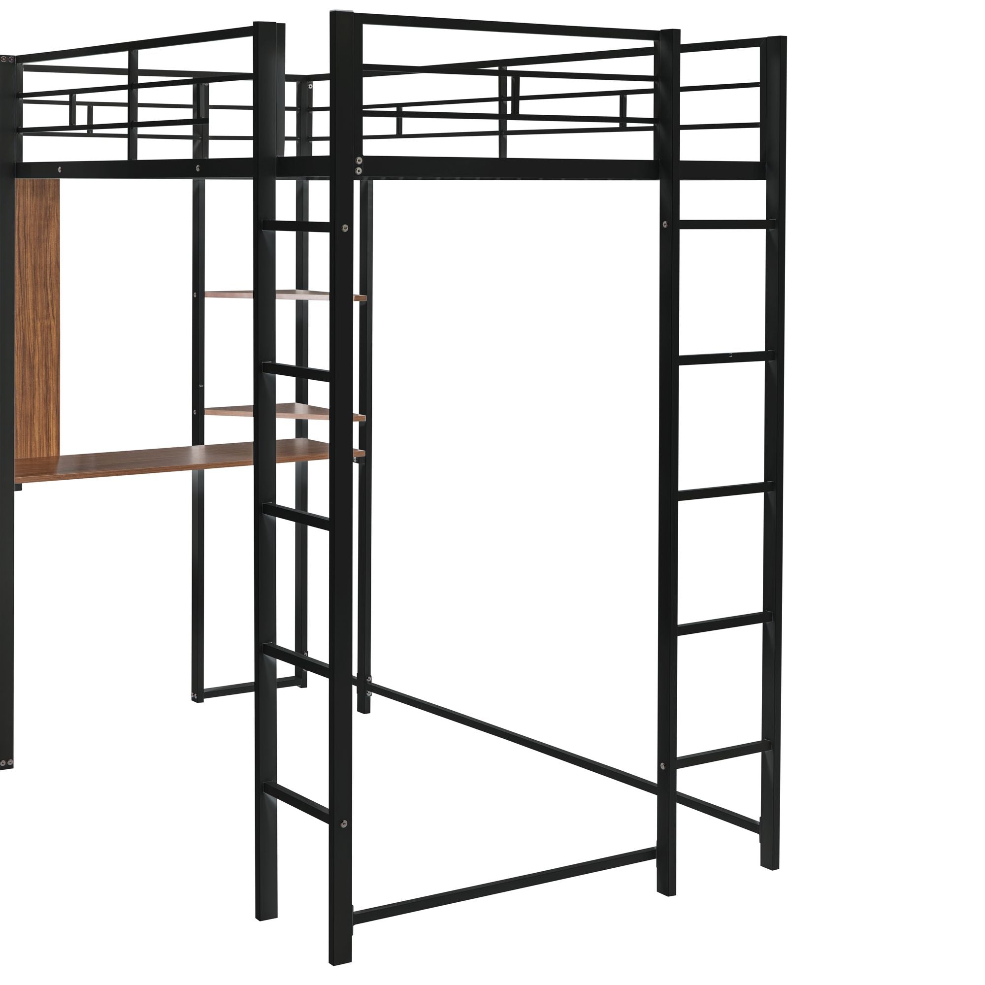 Twin Metal Loft Bed with 2 Shelves and one Desk