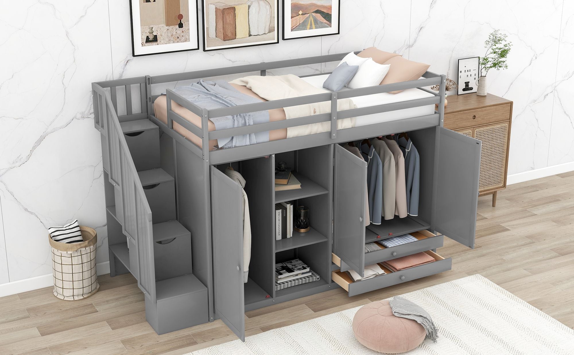 Functional Loft Bed with 3 Shelves;  2 Wardrobes and 2 Drawers;  Ladder with Storage;  No Box Spring Needed